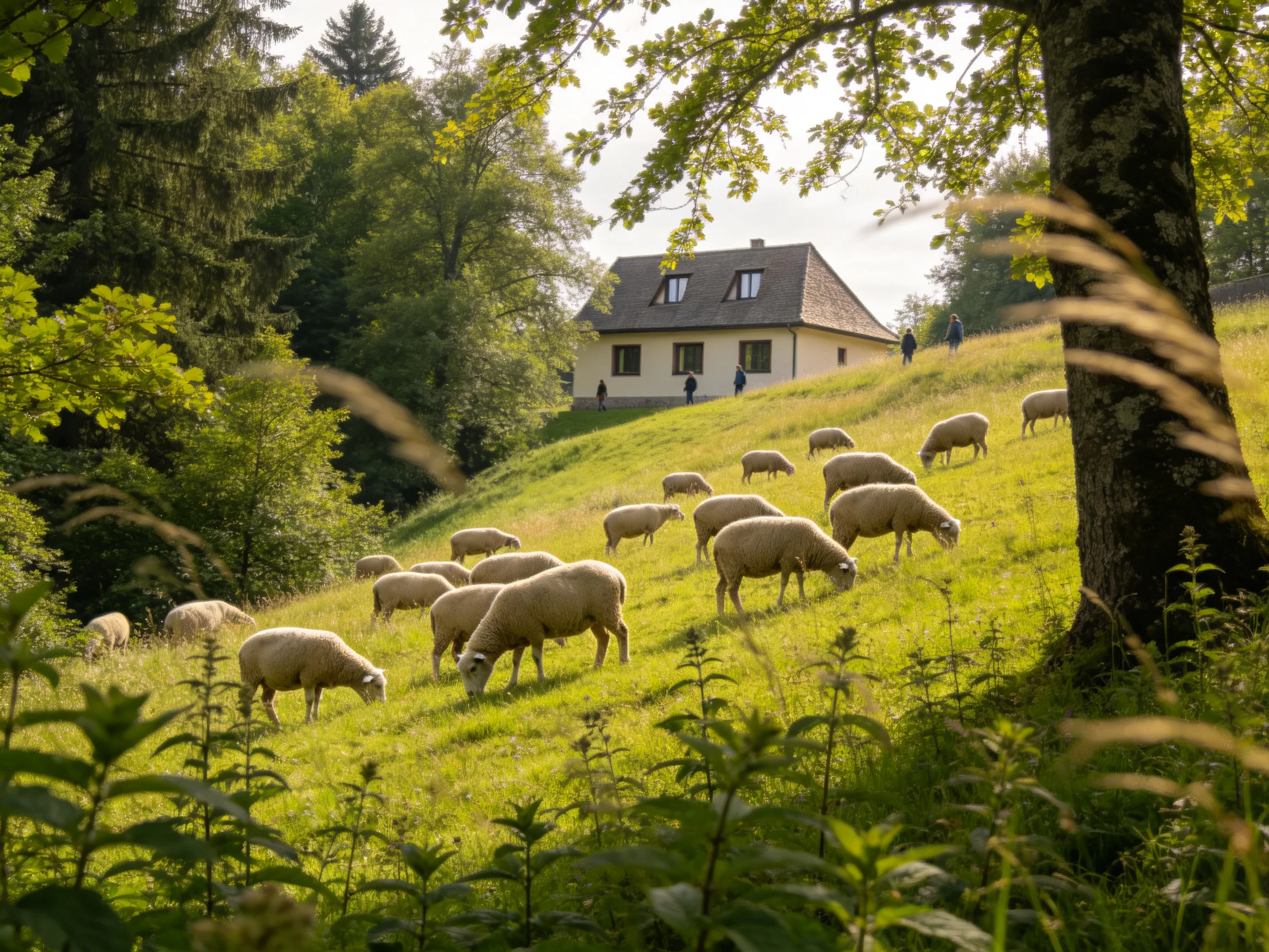 Sheep graze on a sunlit green hillside near a two-story house