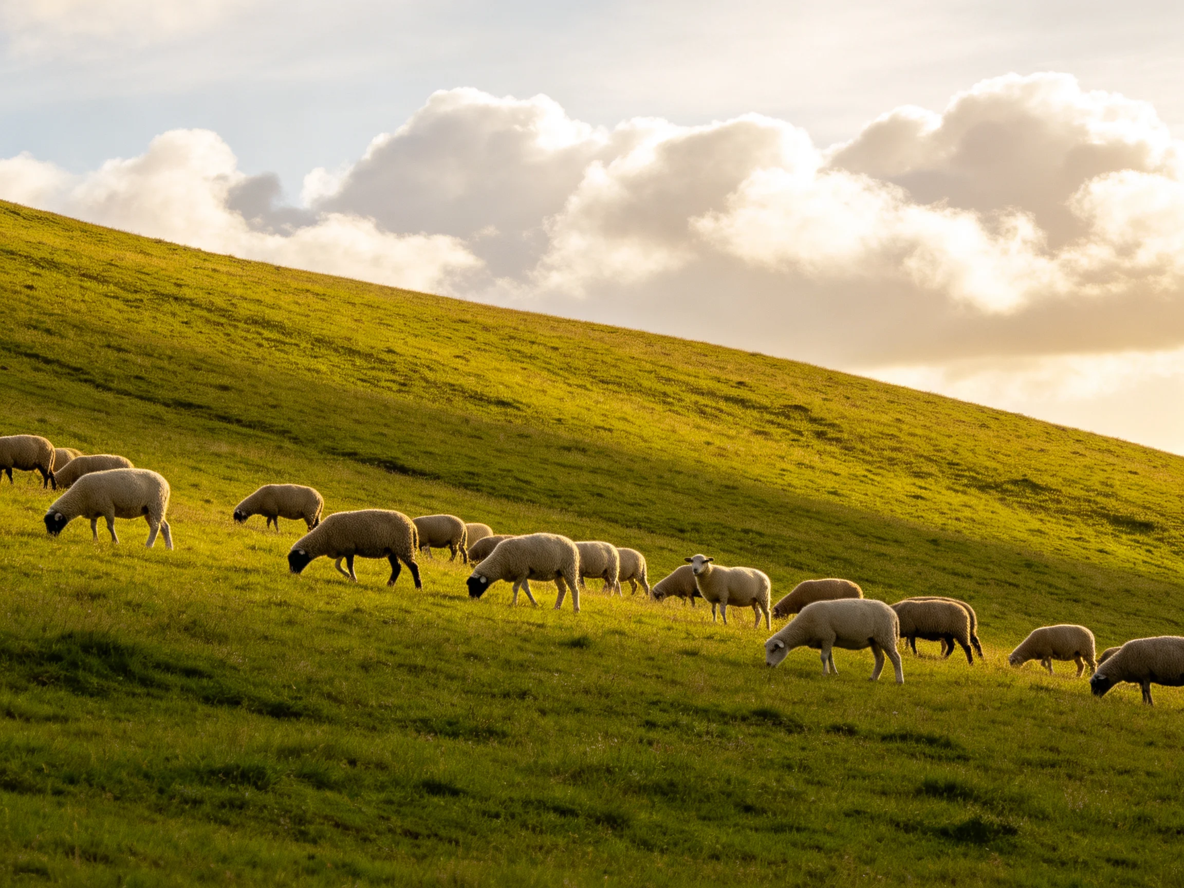 Sheep graze on a sunlit green hillside with fluffy clouds