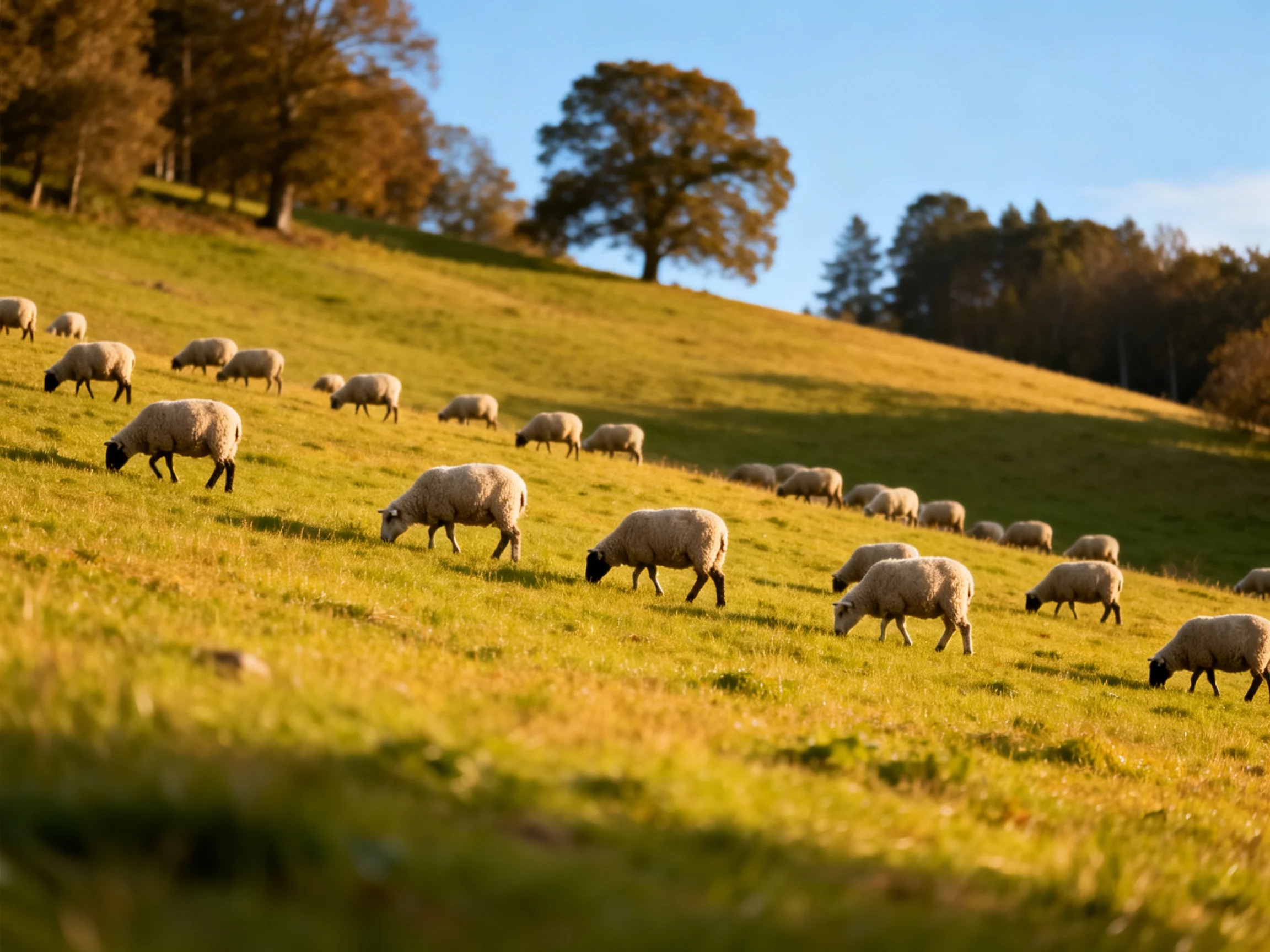 Sheep graze on a sunlit rolling hillside near autumnal trees