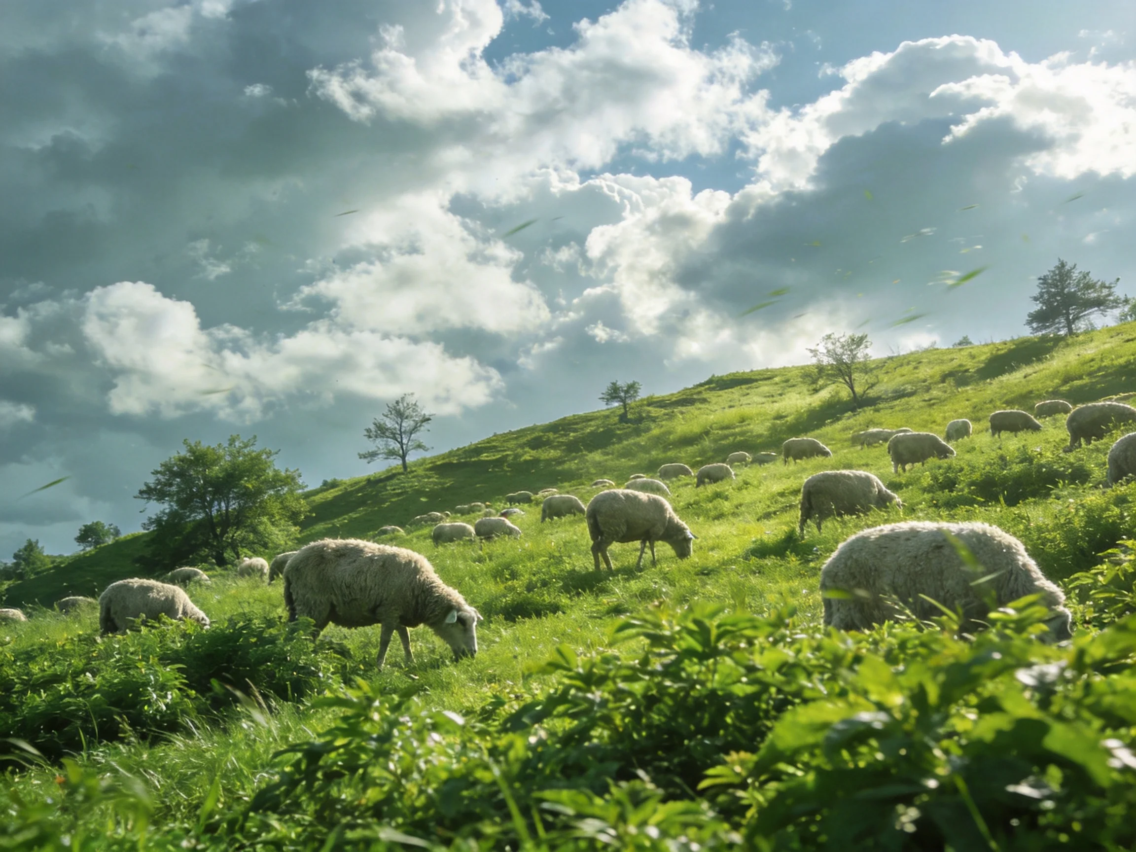 Sheep graze on a vibrant green hillside with scattered trees.