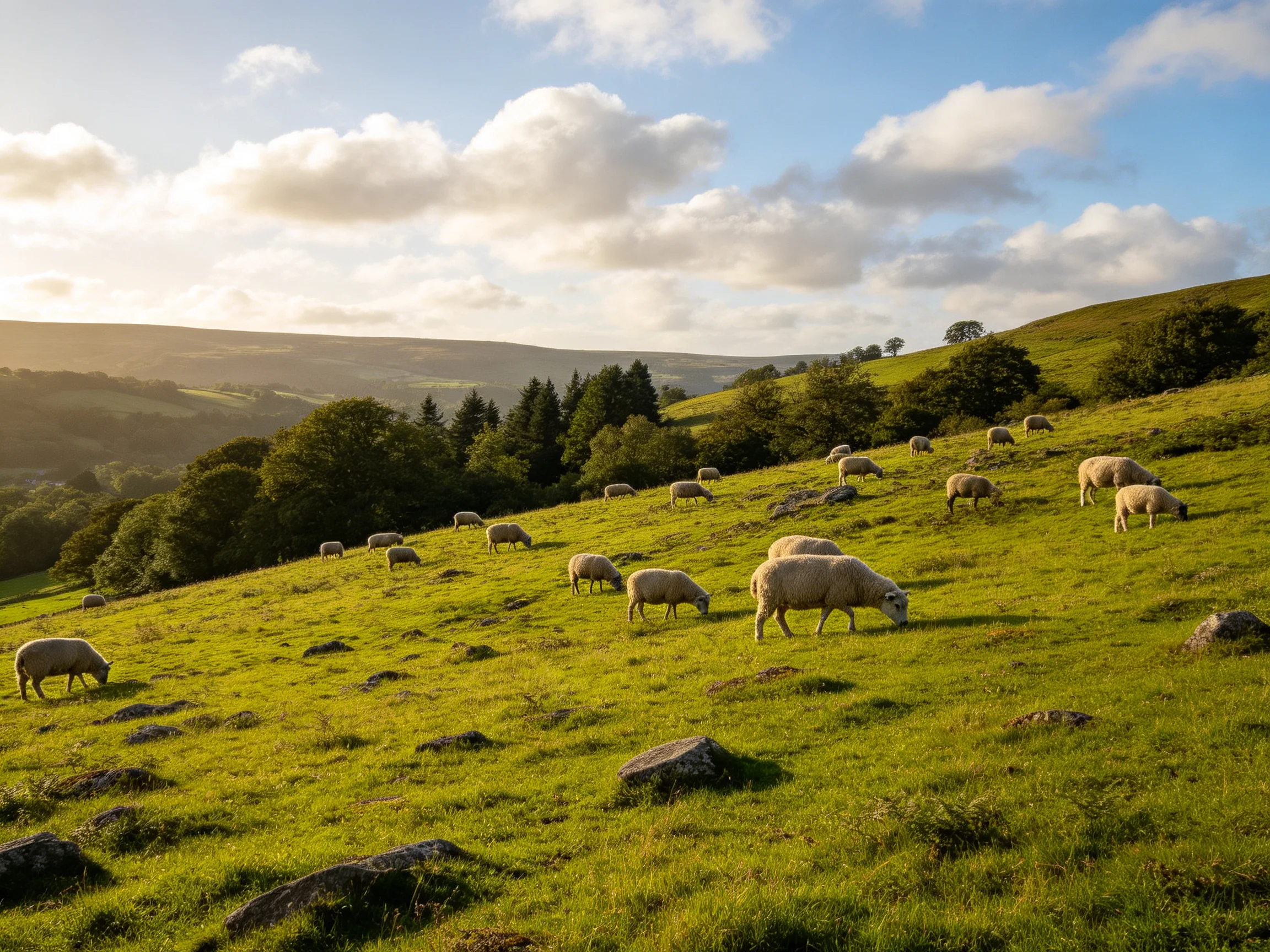 Sheep graze on a vibrant green hilly pasture