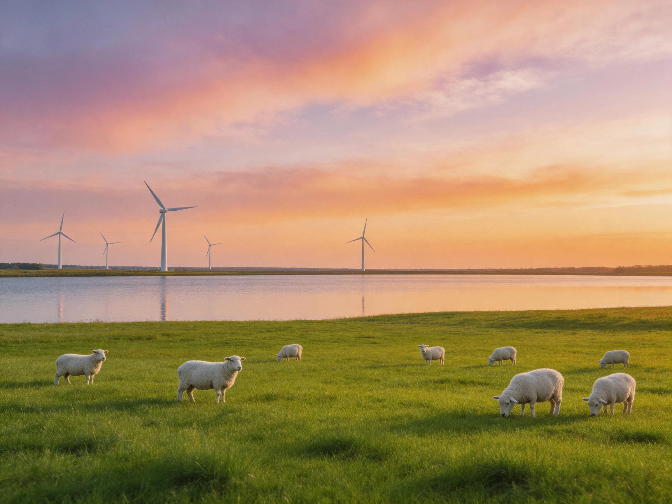 Sheep graze on green grass near calm water with wind turbines at sunset
