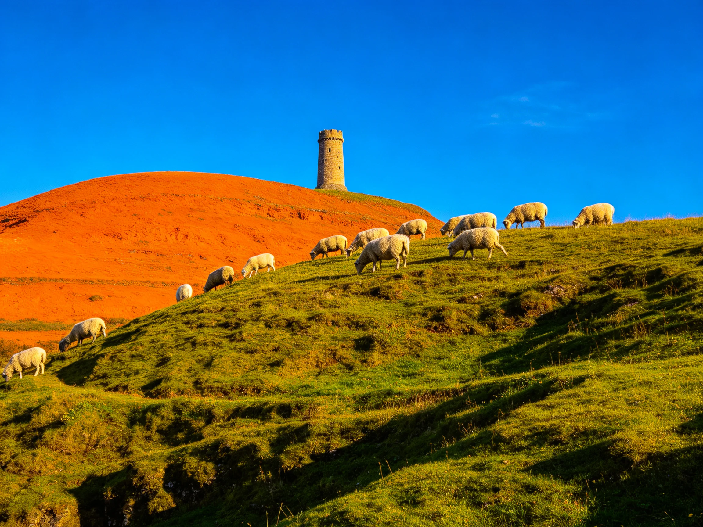 Sheep graze on green hillside near orange mound with stone tower