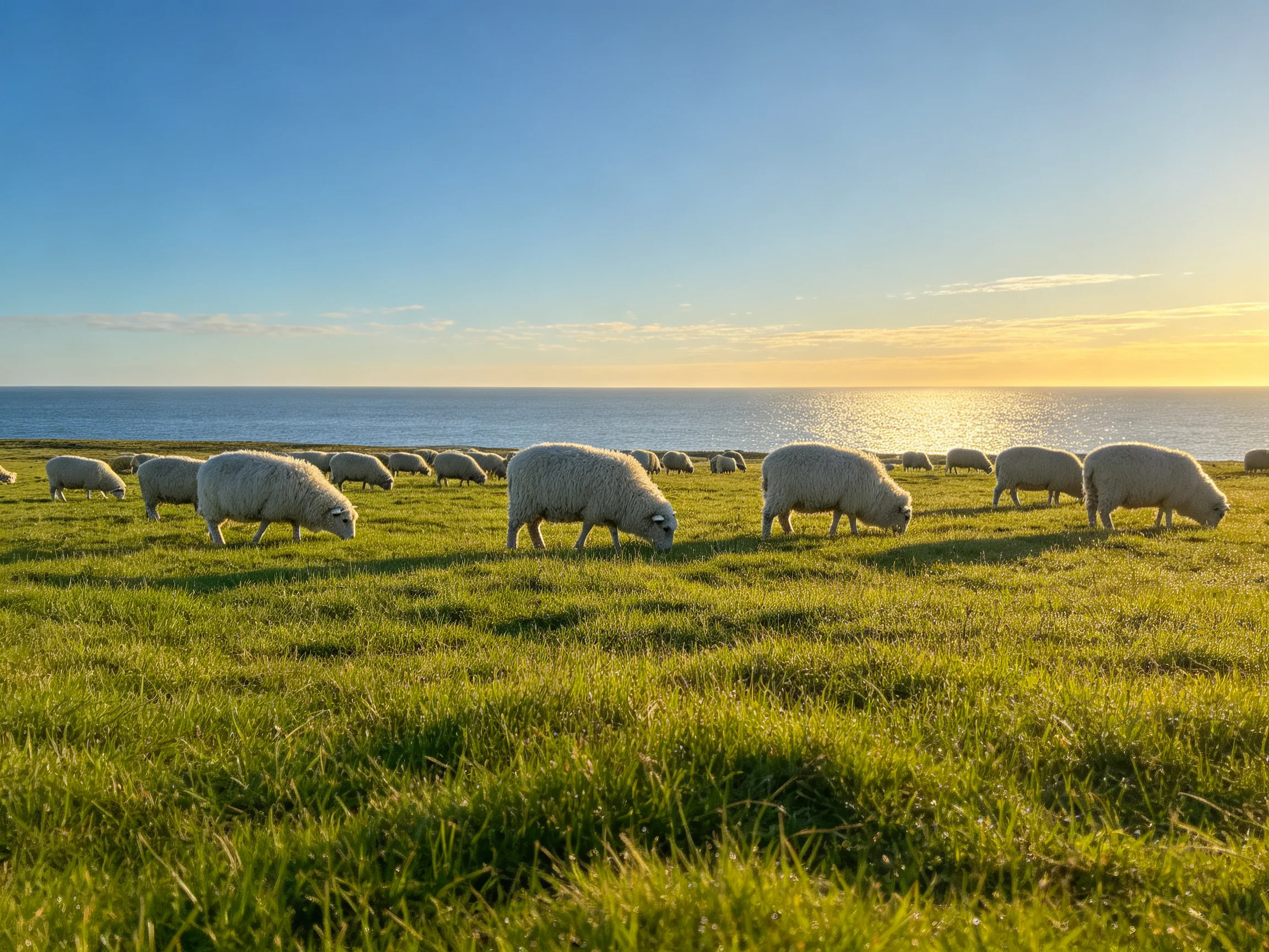 Sheep graze on lush green field by calm ocean at golden hour