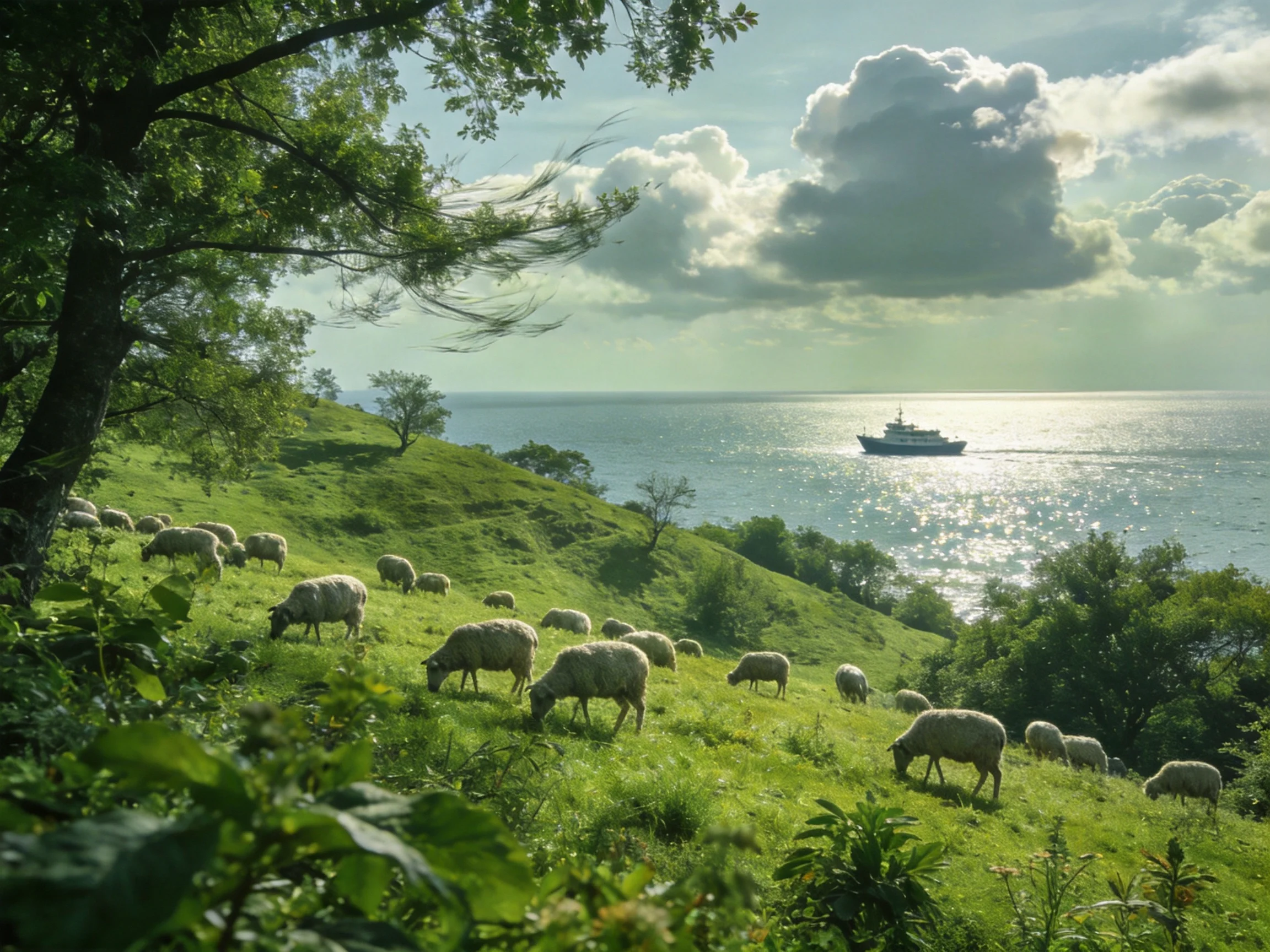 Sheep graze on lush green hills beside shimmering water
