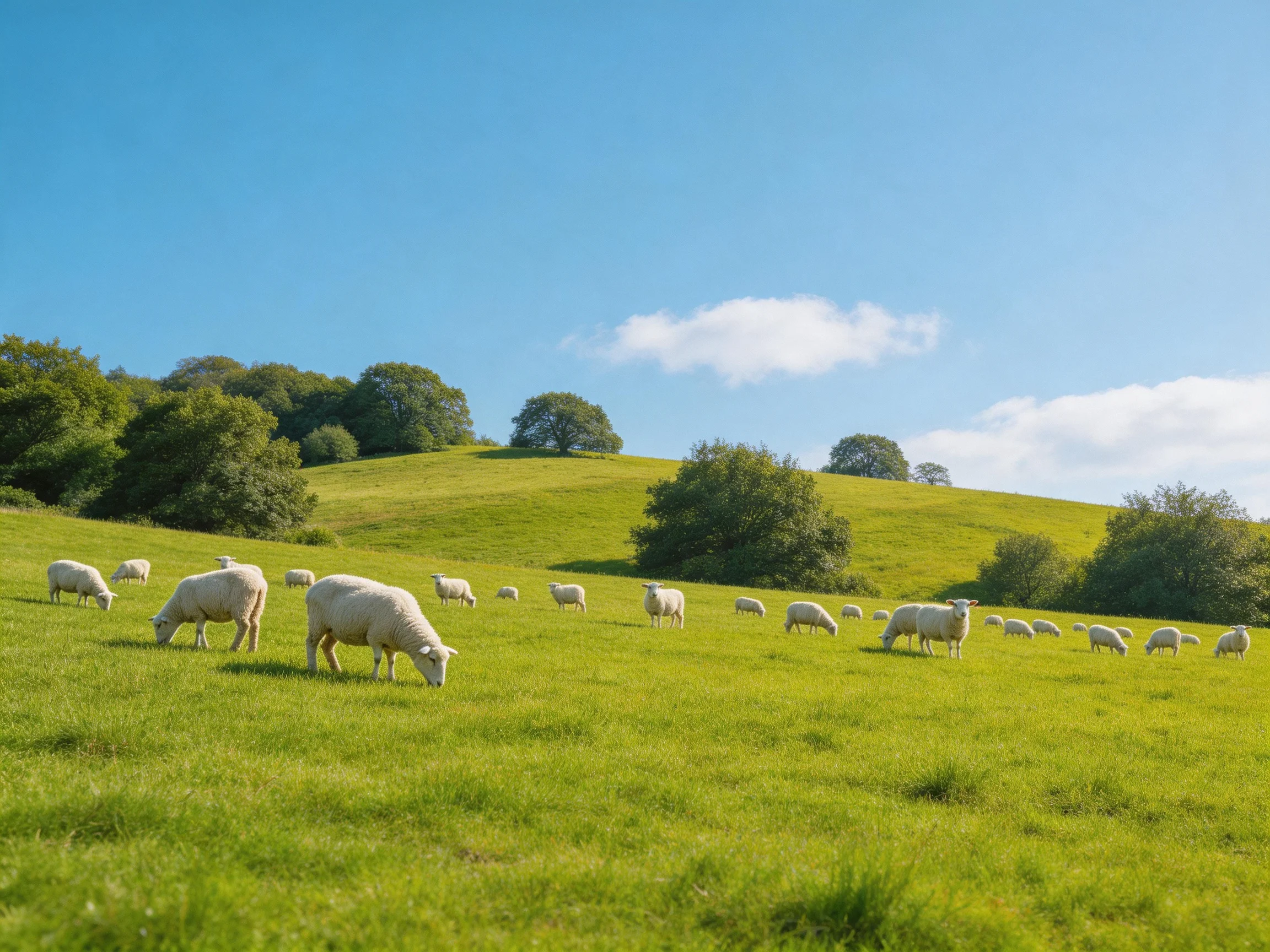 Sheep graze on lush green hills under bright blue skies