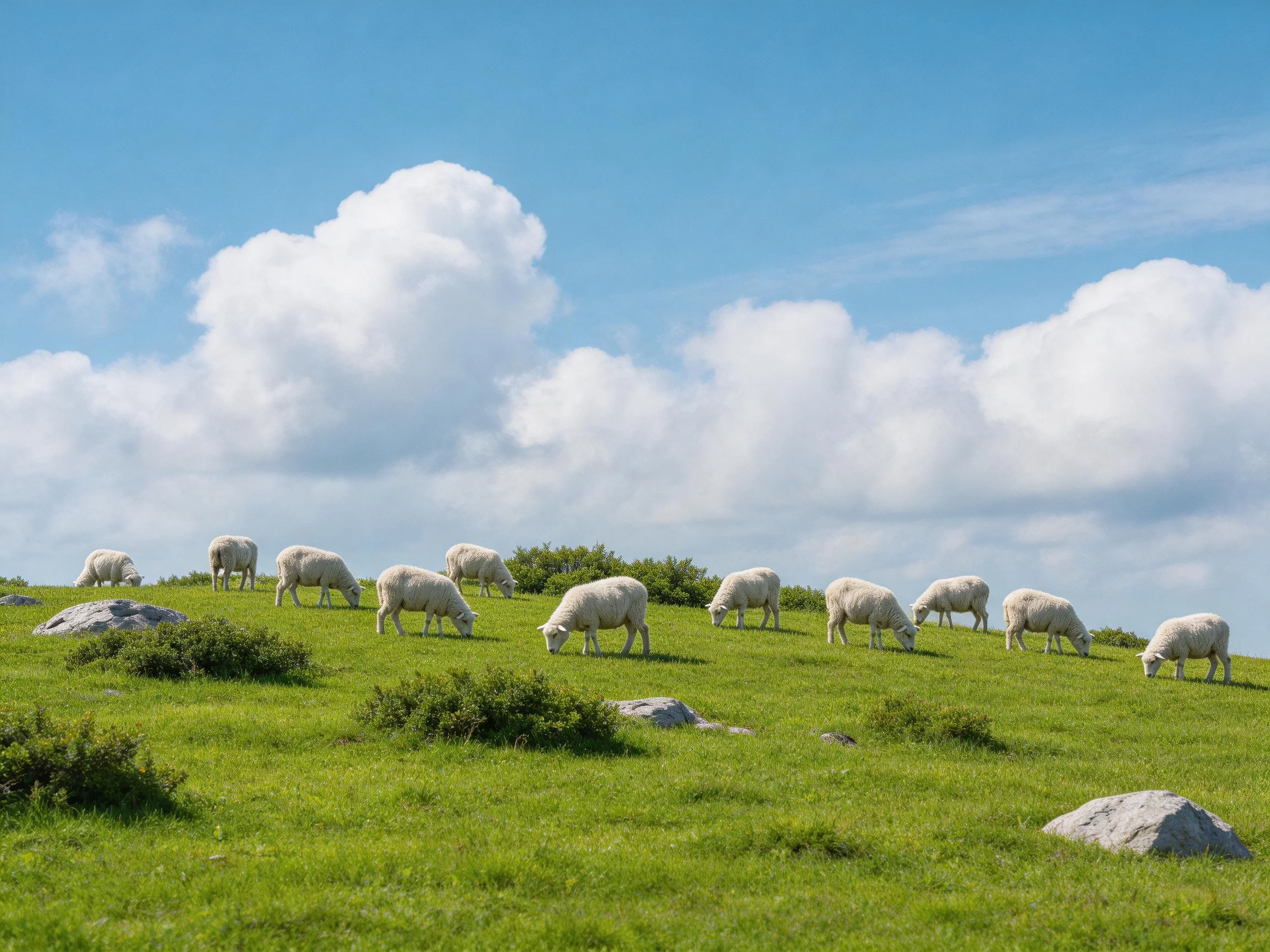Sheep graze on lush green hillside under bright blue sky