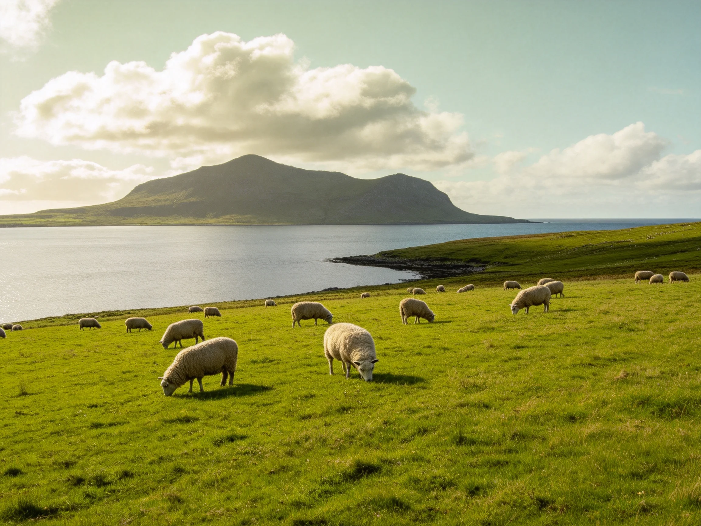 Sheep graze on lush green pasture by calm waters with distant mountain