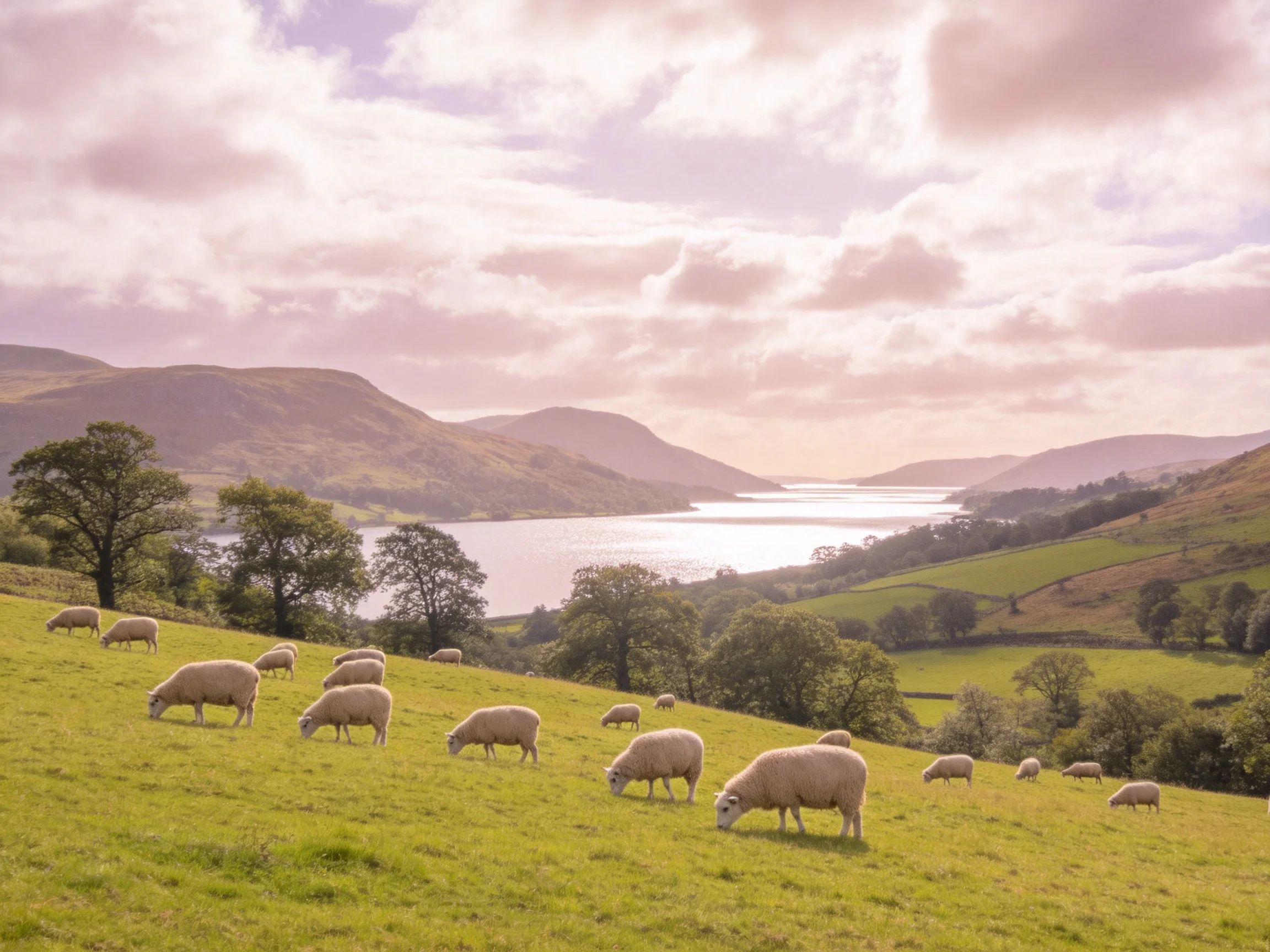 Sheep graze on verdant hillside near serene lake and rolling mountains