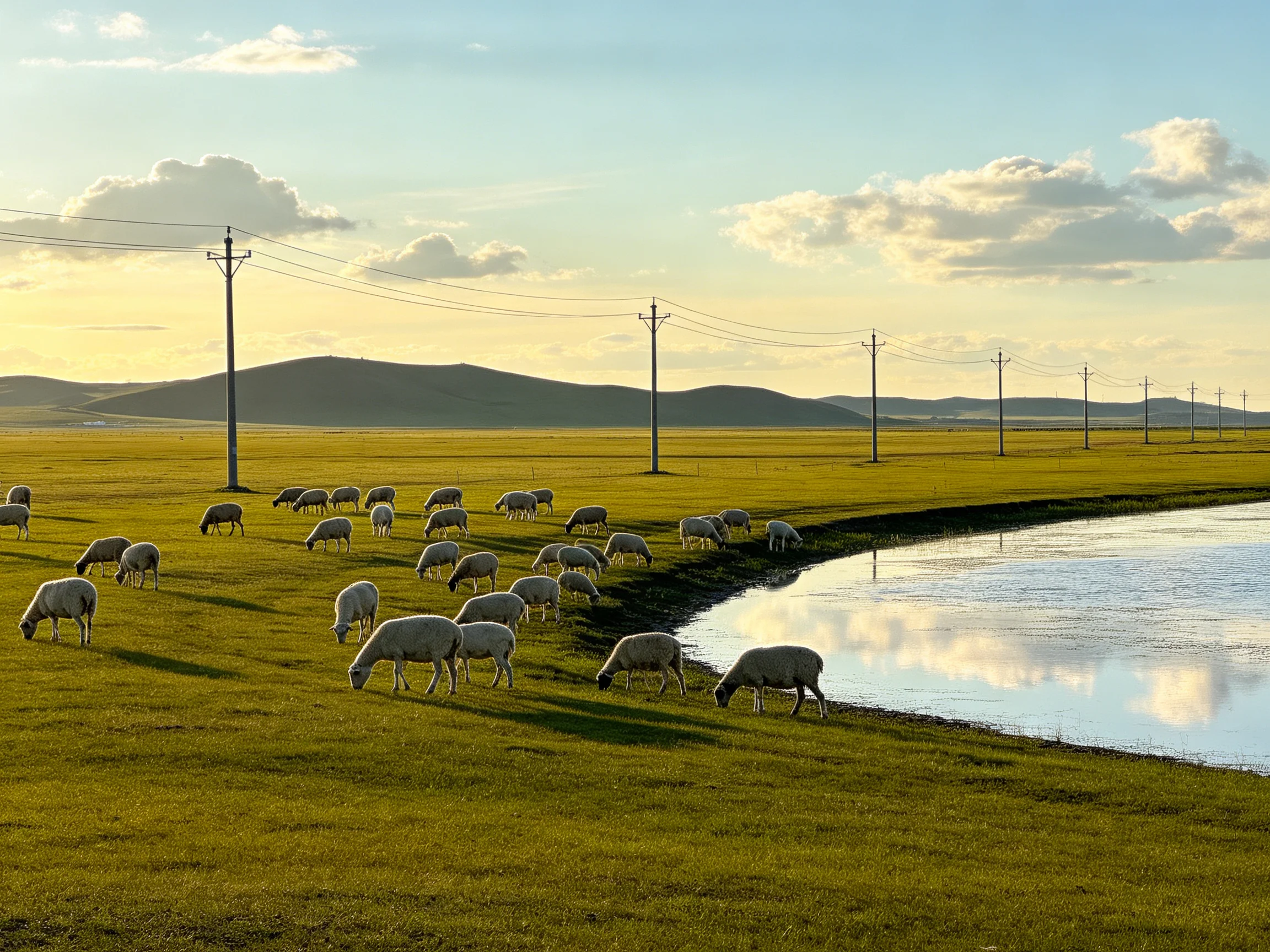 Sheep grazing by a calm river near rolling hills