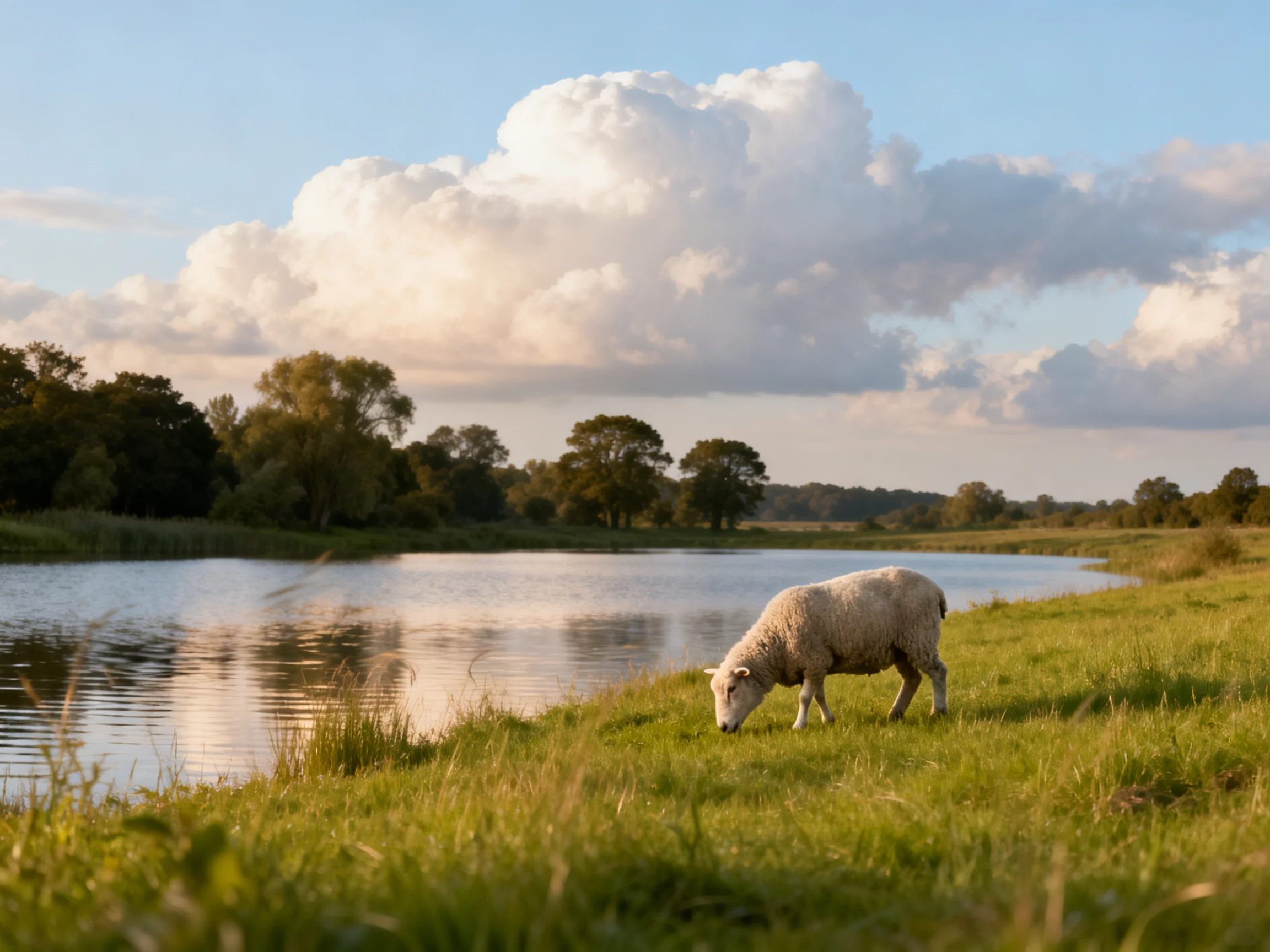 Sheep grazing by a calm river under billowing clouds