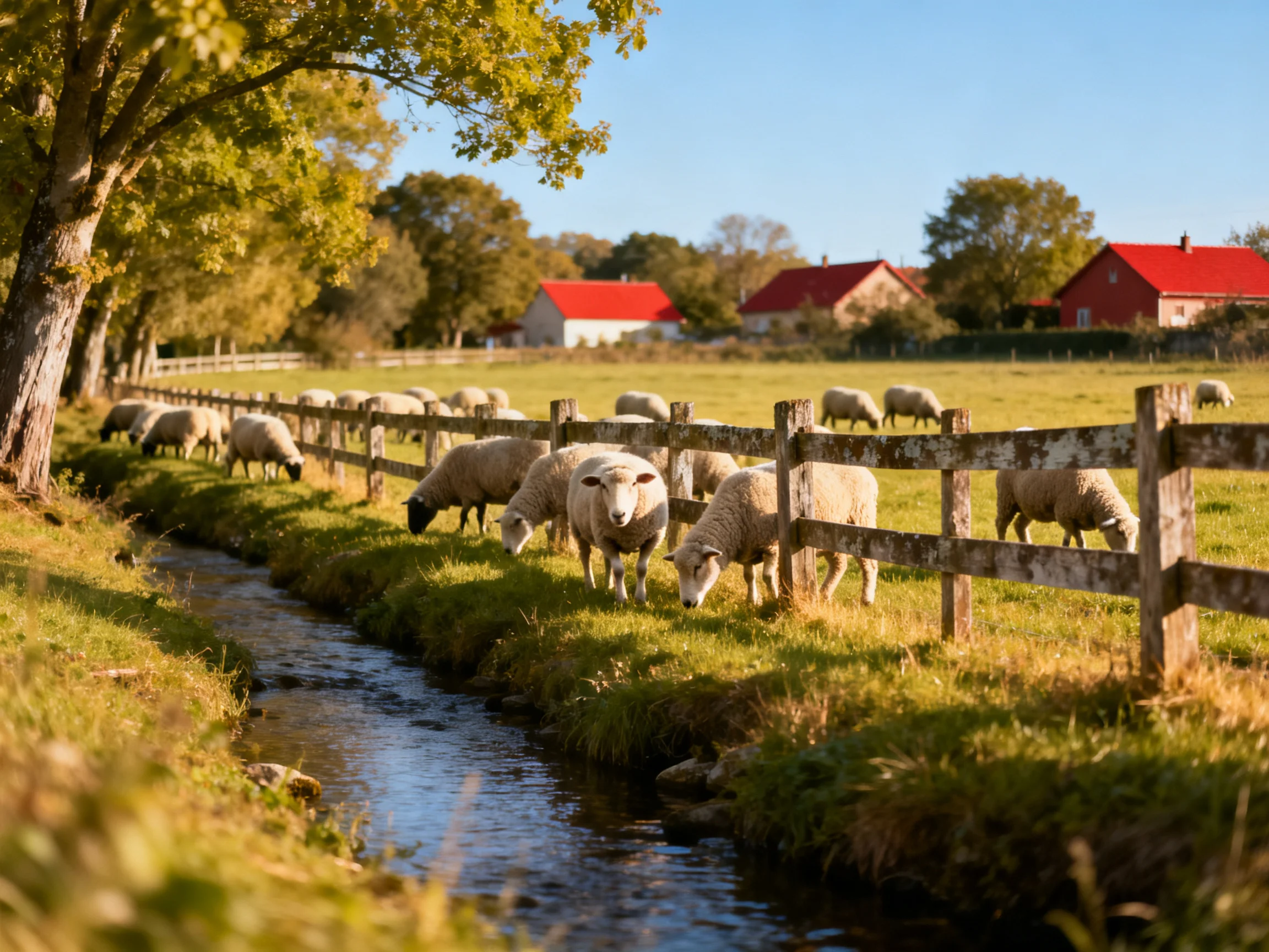 Sheep grazing by a wooden fence near red-roofed farmhouses by a stream