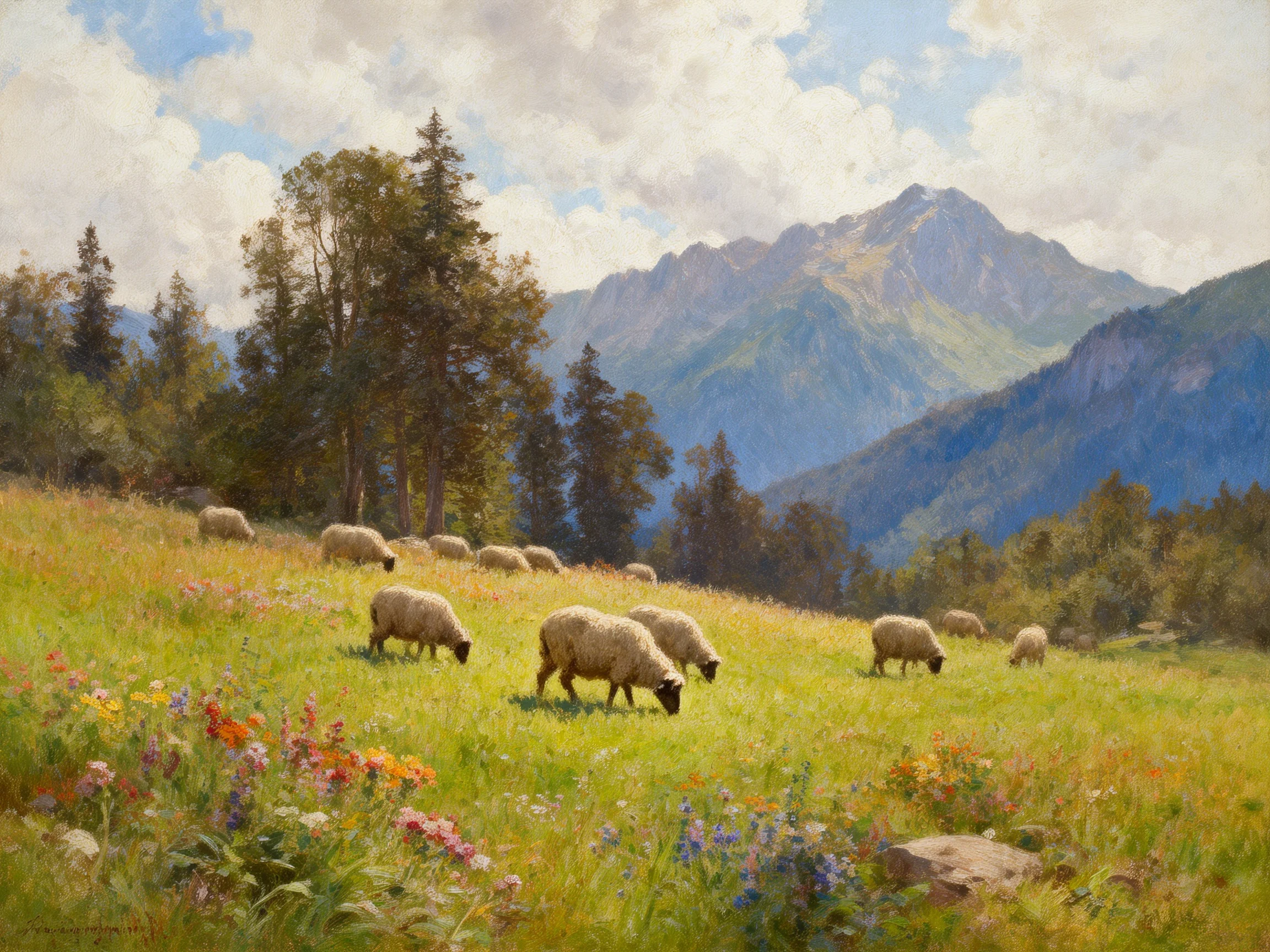 Sheep grazing in a colorful mountain meadow landscape