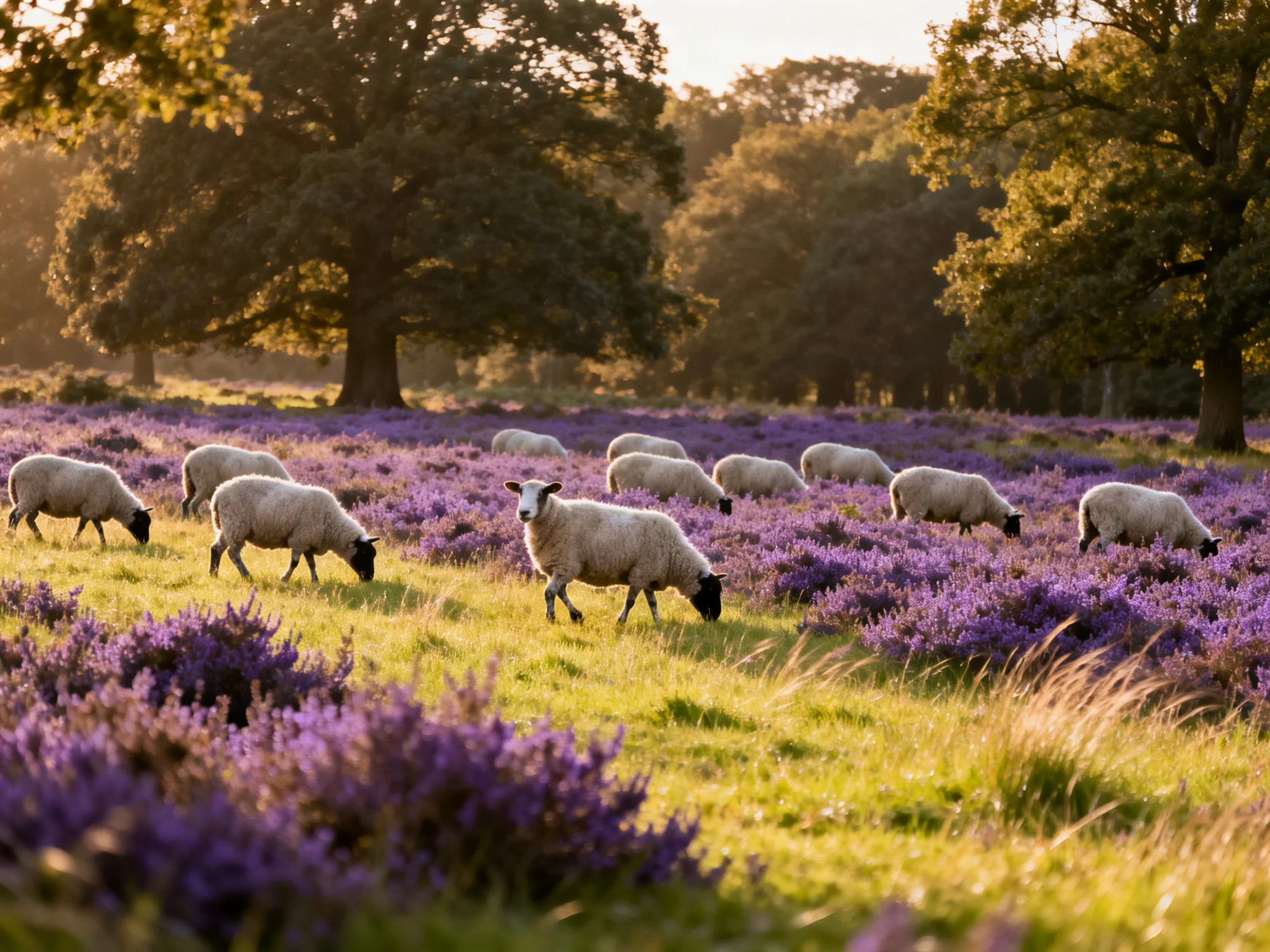 Sheep grazing in a field of purple heather near large trees