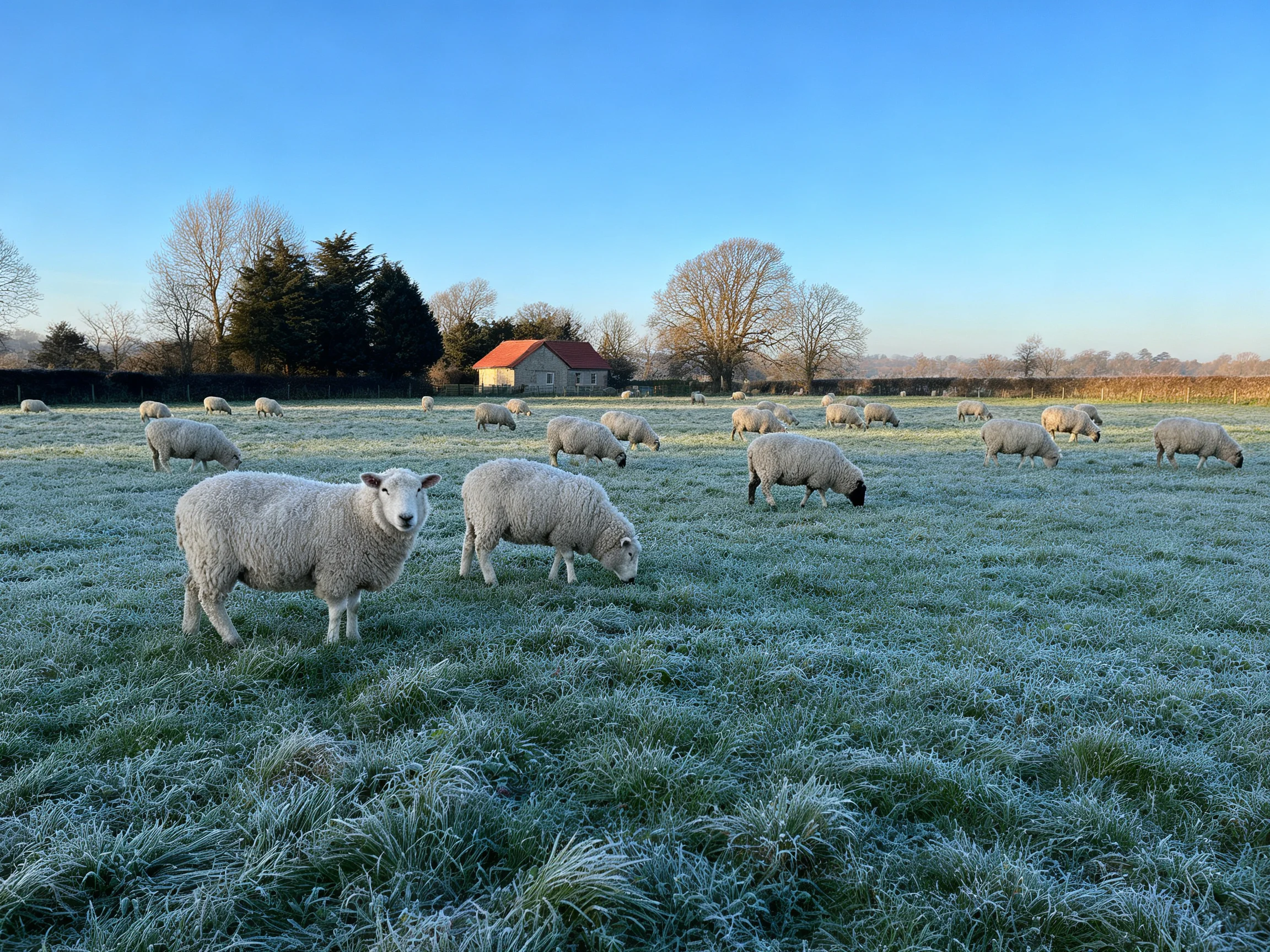 Sheep grazing in a frosty field near a red-roofed house