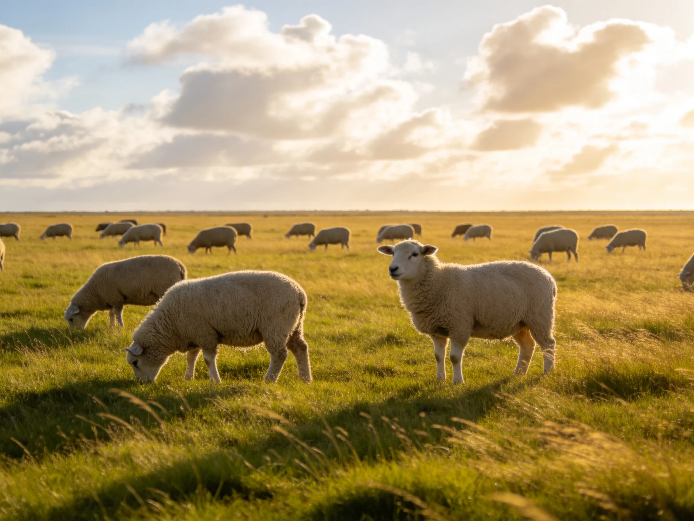 Sheep grazing in a golden, expansive meadow under bright sky