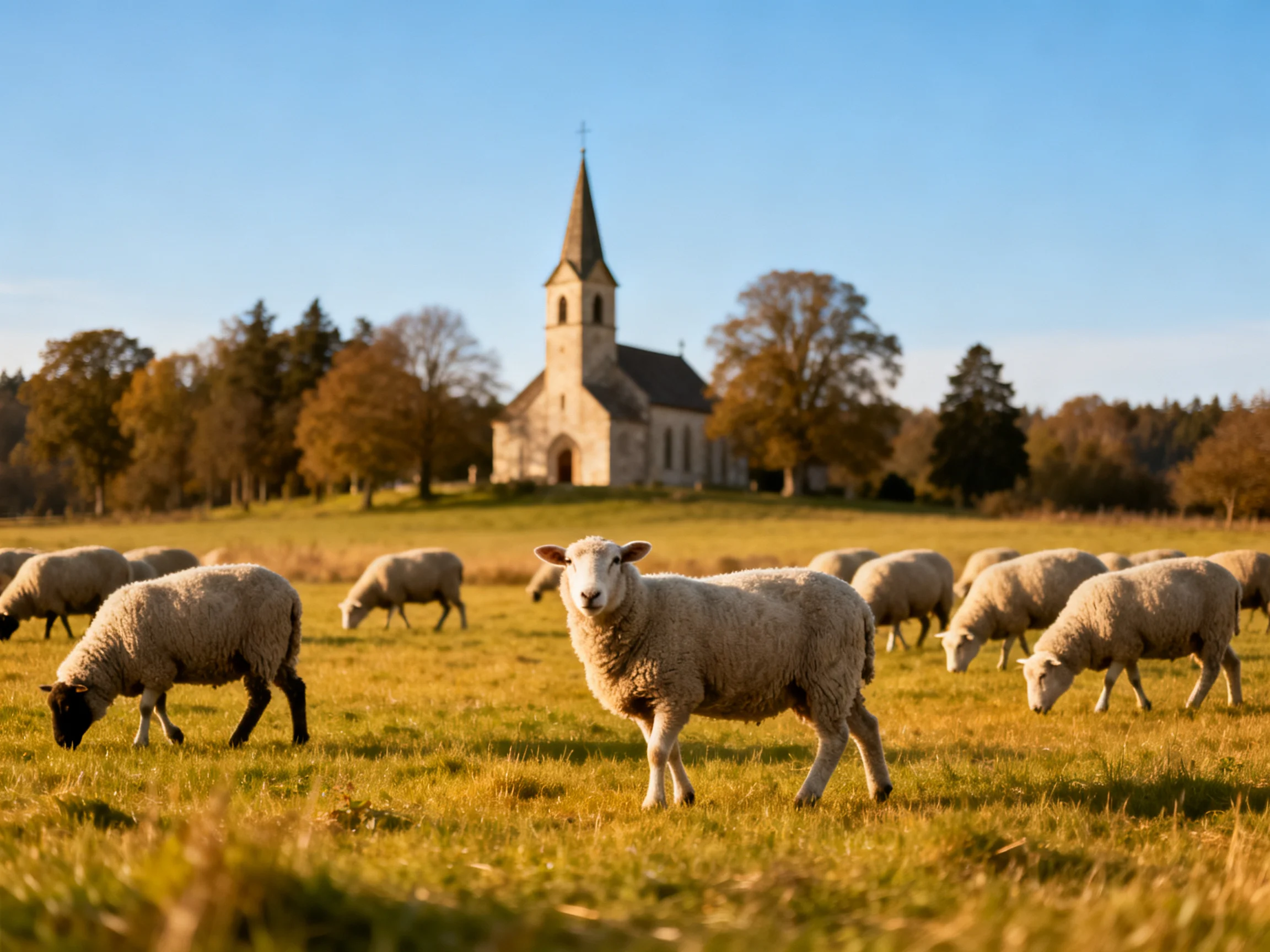 Sheep grazing in a golden field near a historic stone church