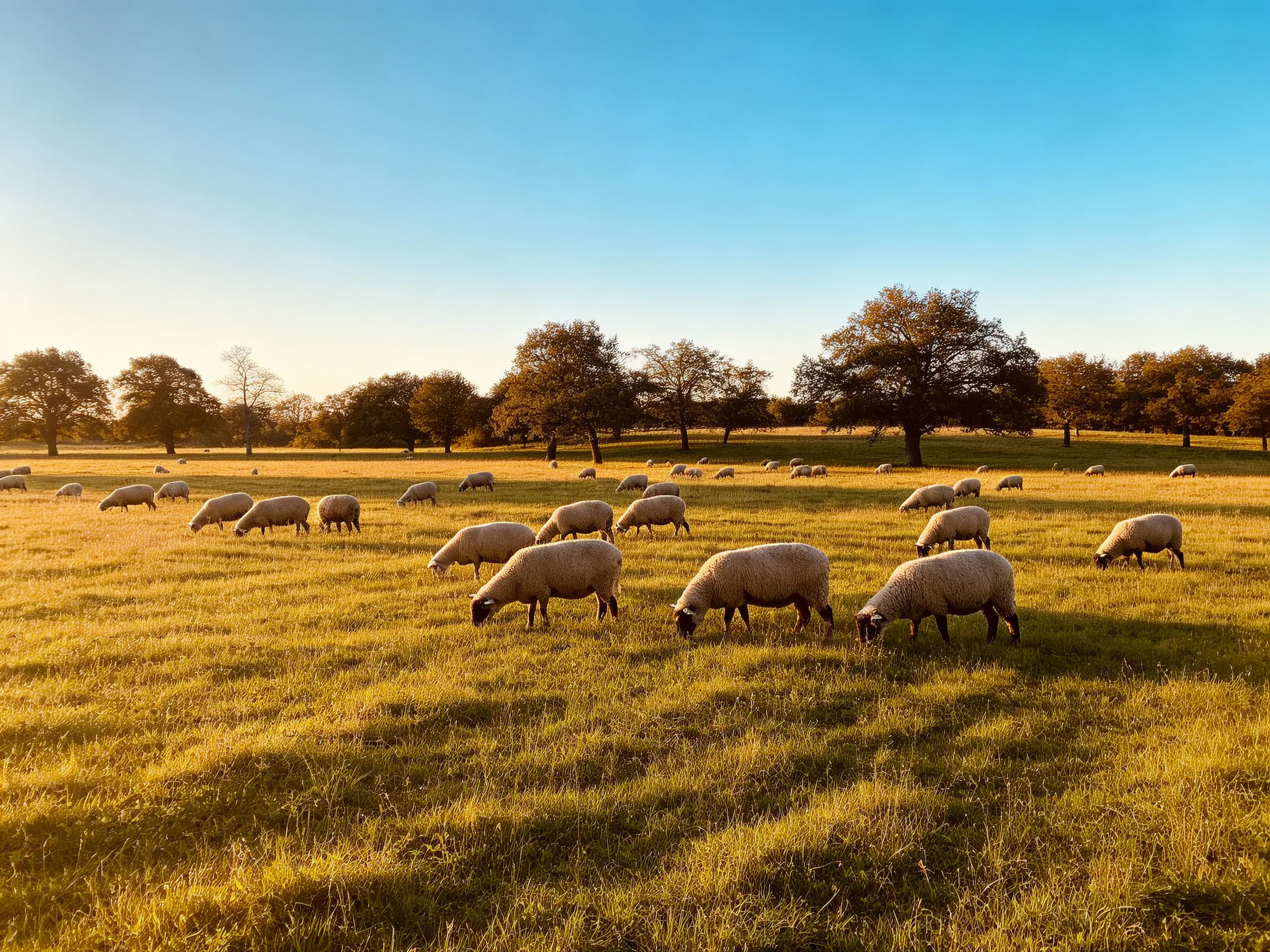 Sheep grazing in a golden field with scattered trees