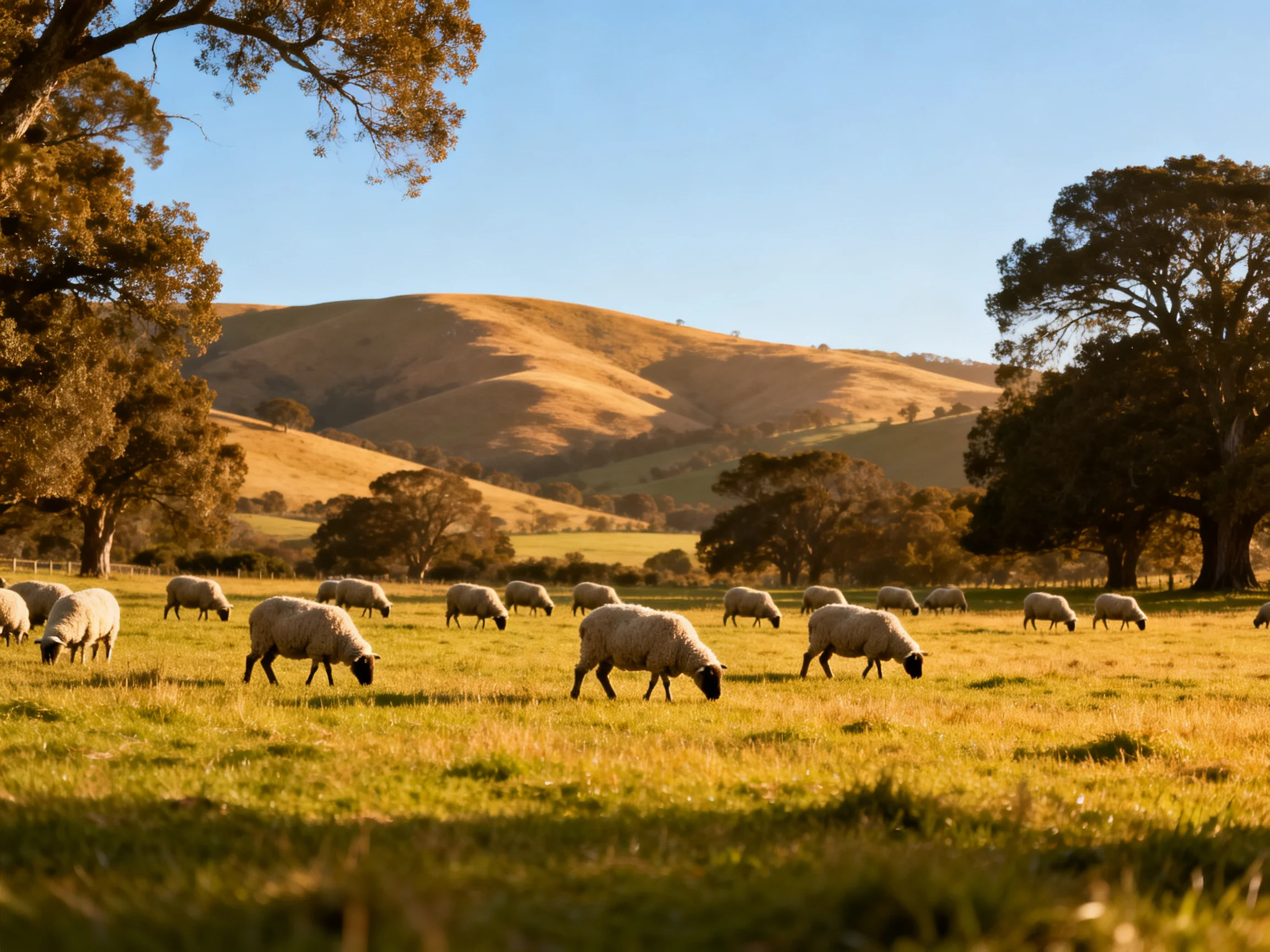 Sheep grazing in a golden hillside pasture