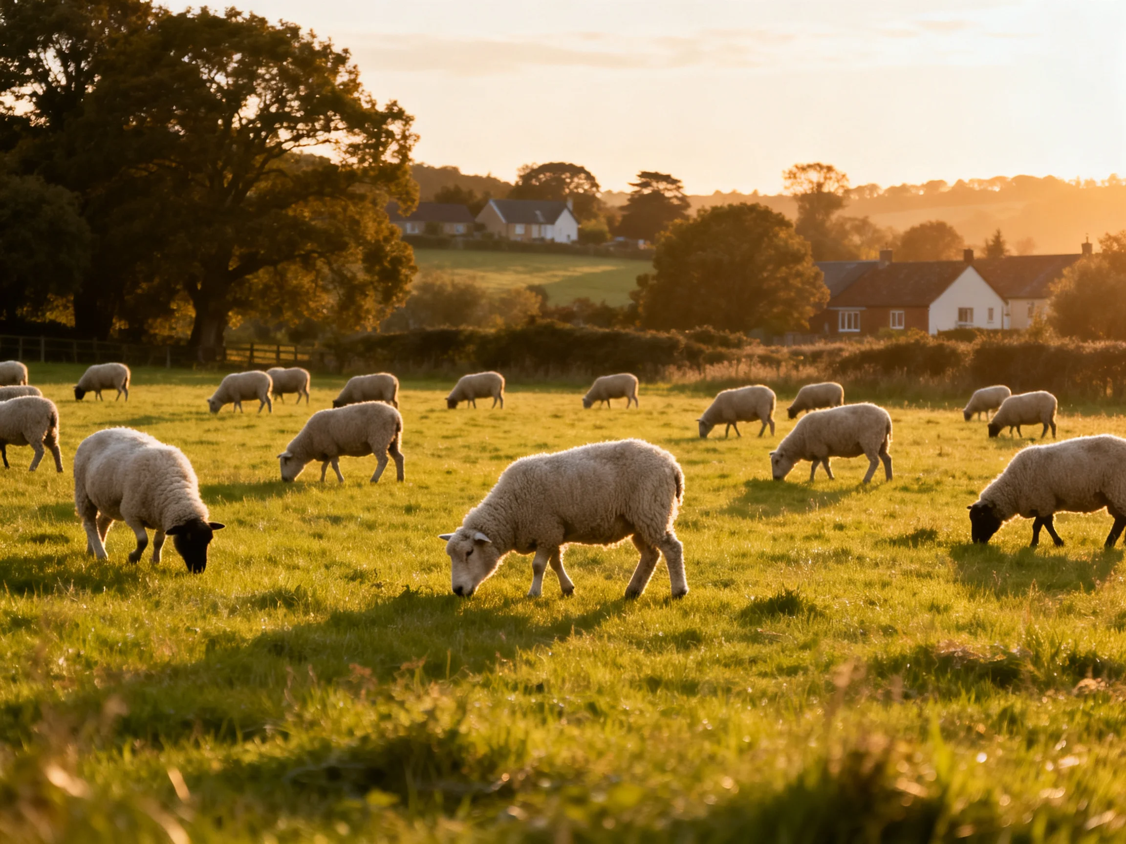 Sheep grazing in a golden-hued countryside meadow