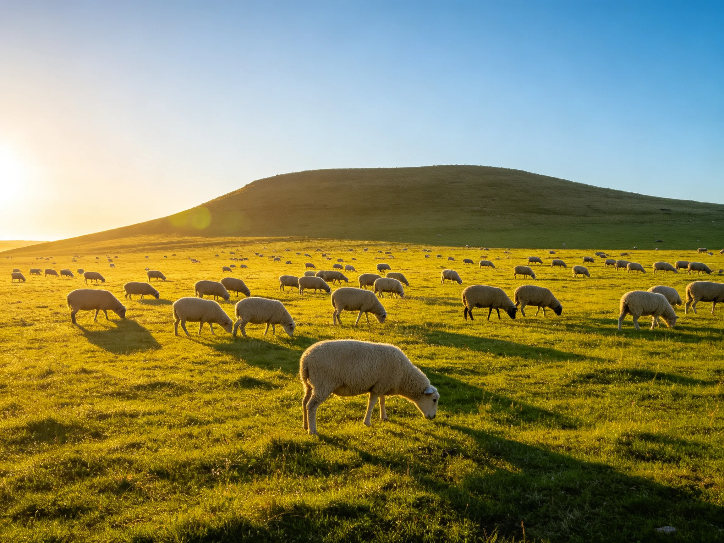 Sheep grazing in a golden-hued green pasture with a rolling hill