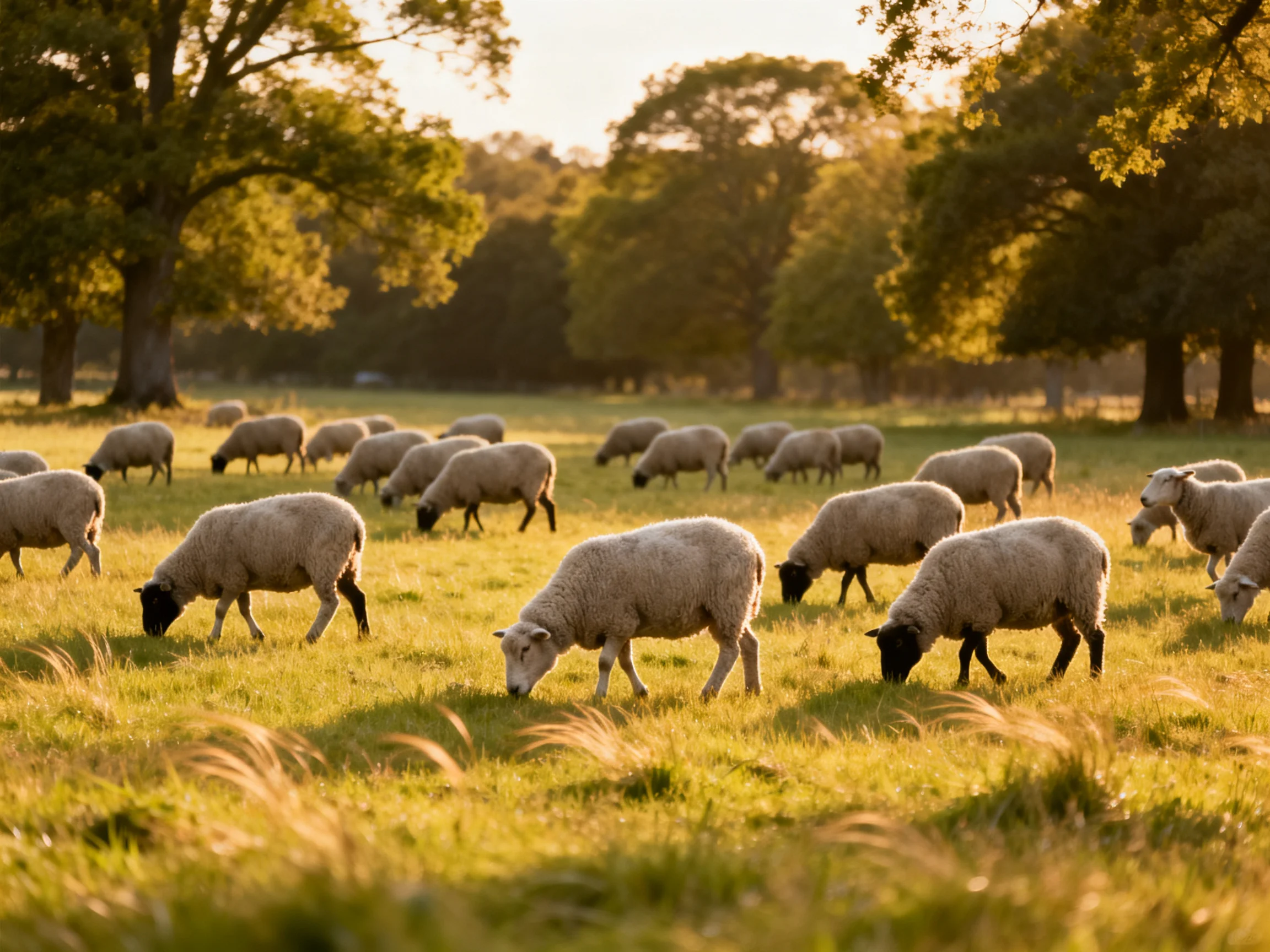 Sheep grazing in a golden-hued meadow with large oak trees