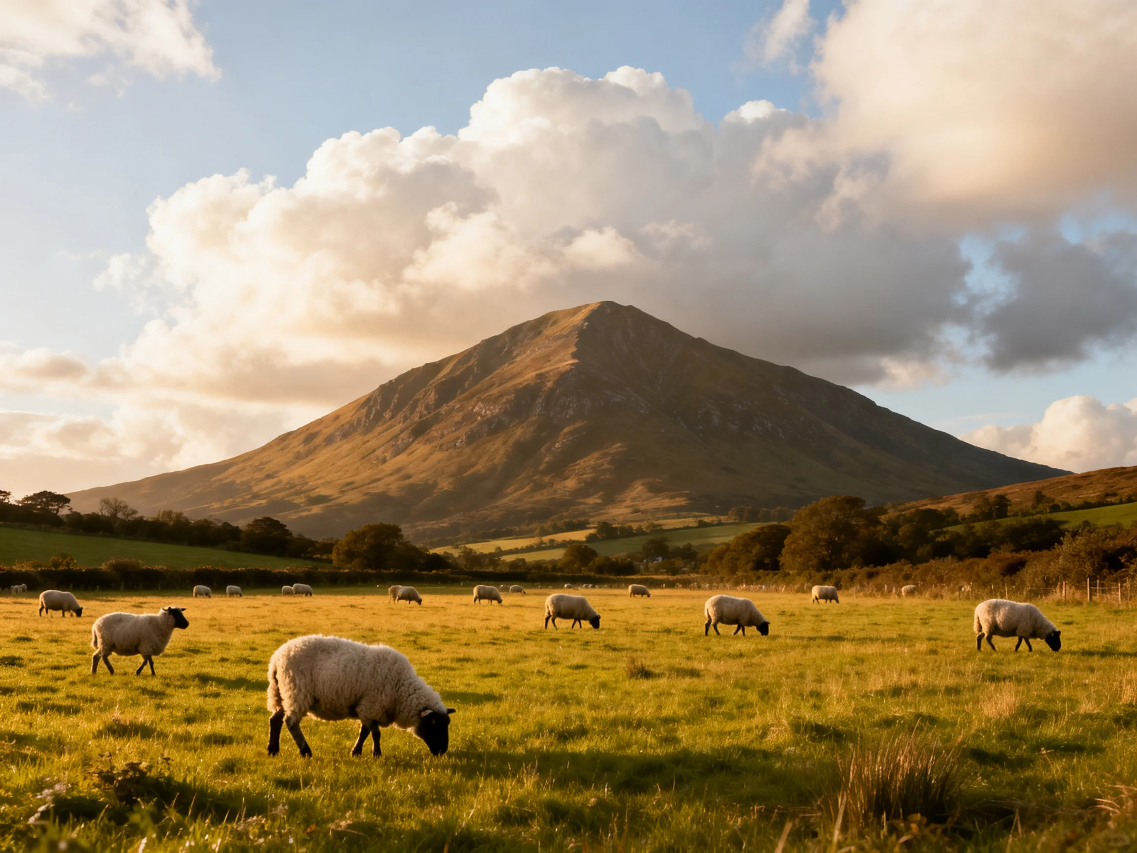 Sheep grazing in a golden meadow near a large brown mountain