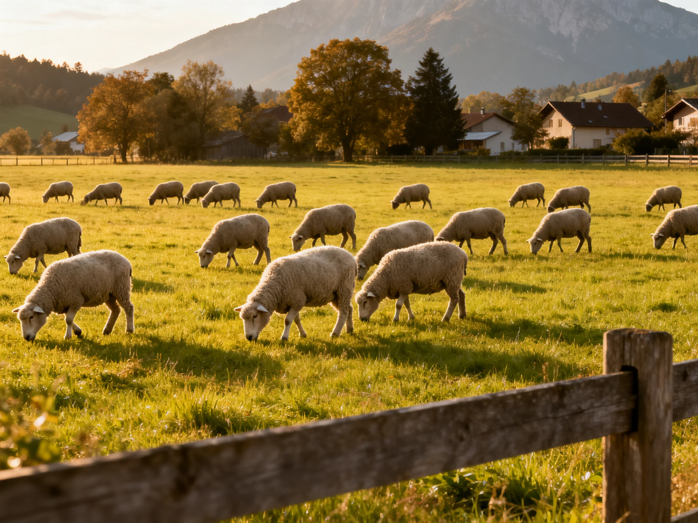 Sheep grazing in a golden meadow near houses and mountains