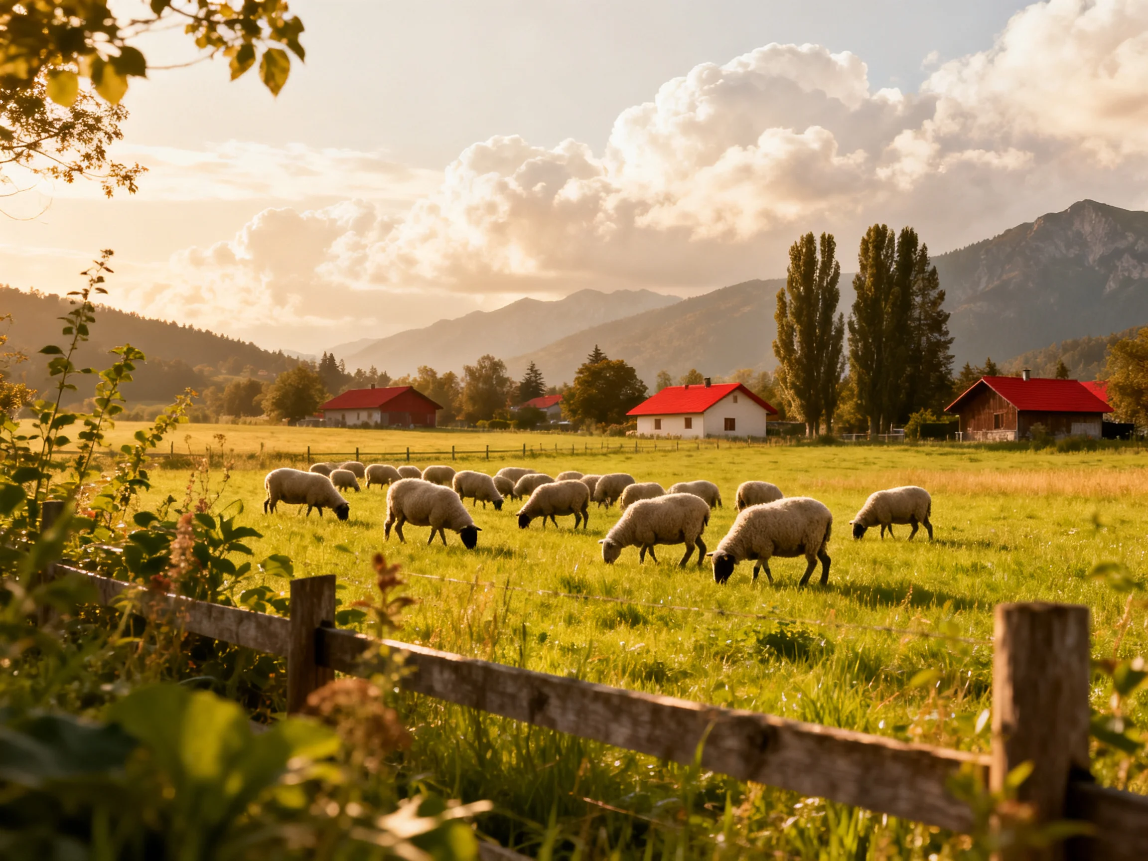 A flock of sheep grazes in a sunlit meadow with red-roofed farmhouses and distant mountains.