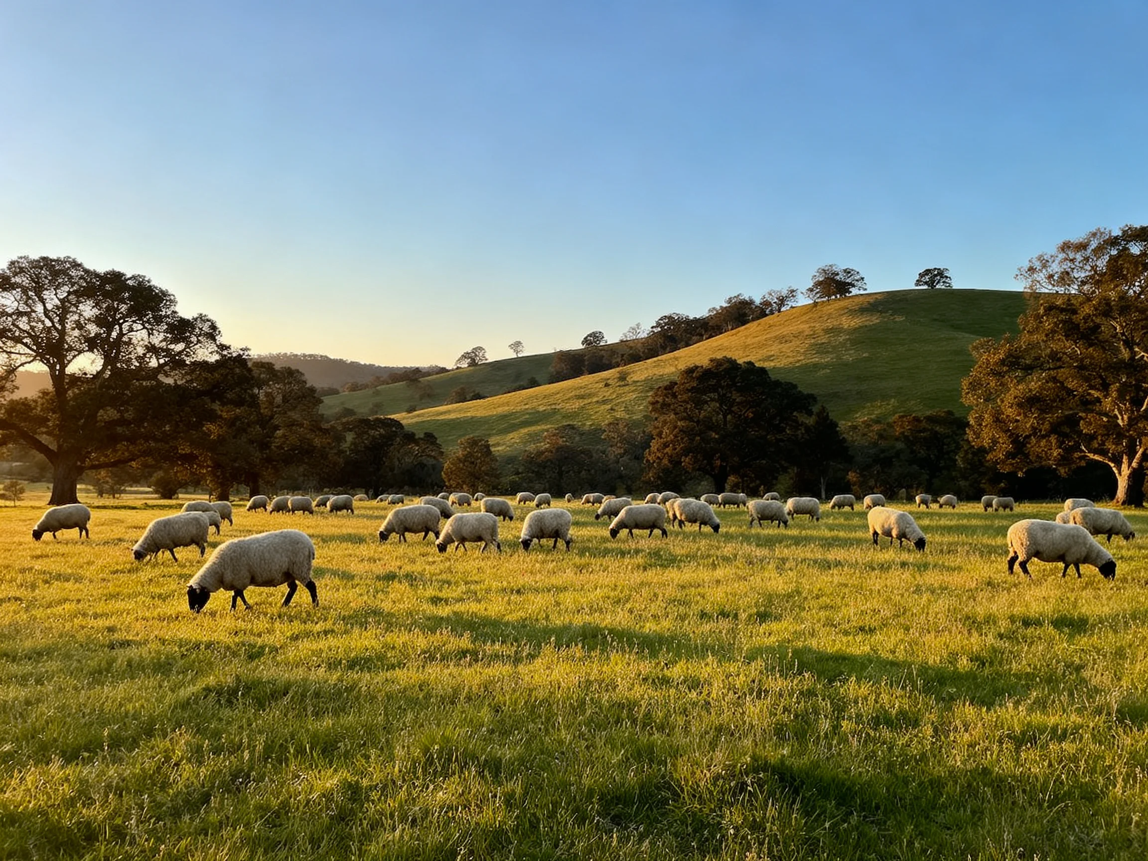 Sheep grazing in a golden meadow with rolling green hills