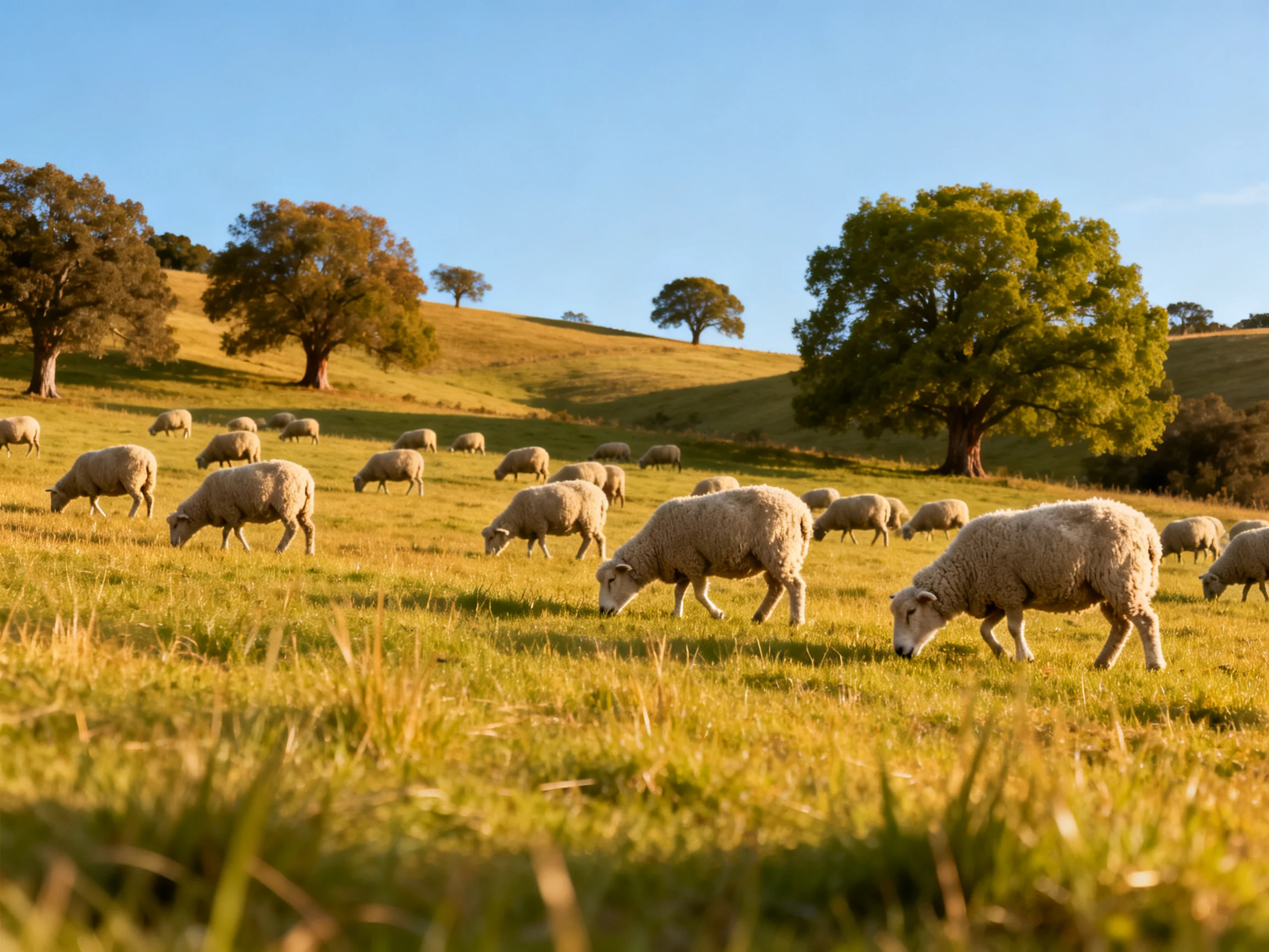 Sheep grazing in a golden meadow with scattered trees