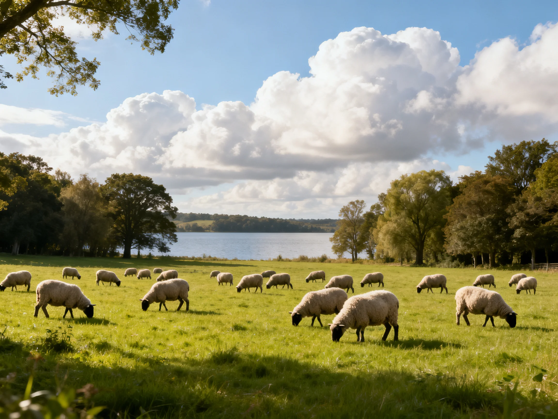 Sheep grazing in a lush green field near a tranquil lake