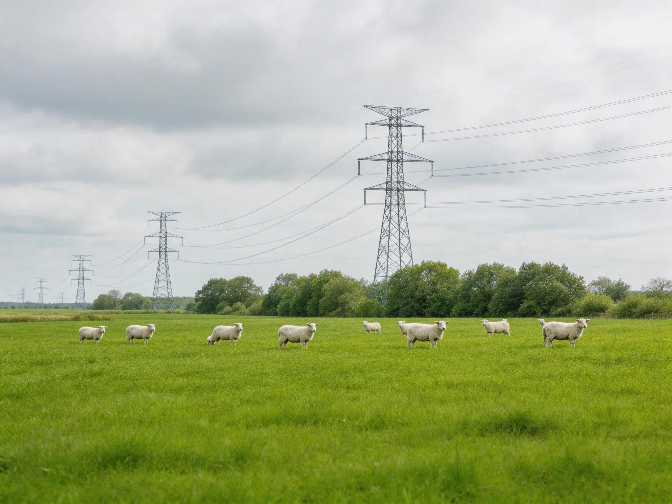 Sheep grazing in a lush green field near tall power towers