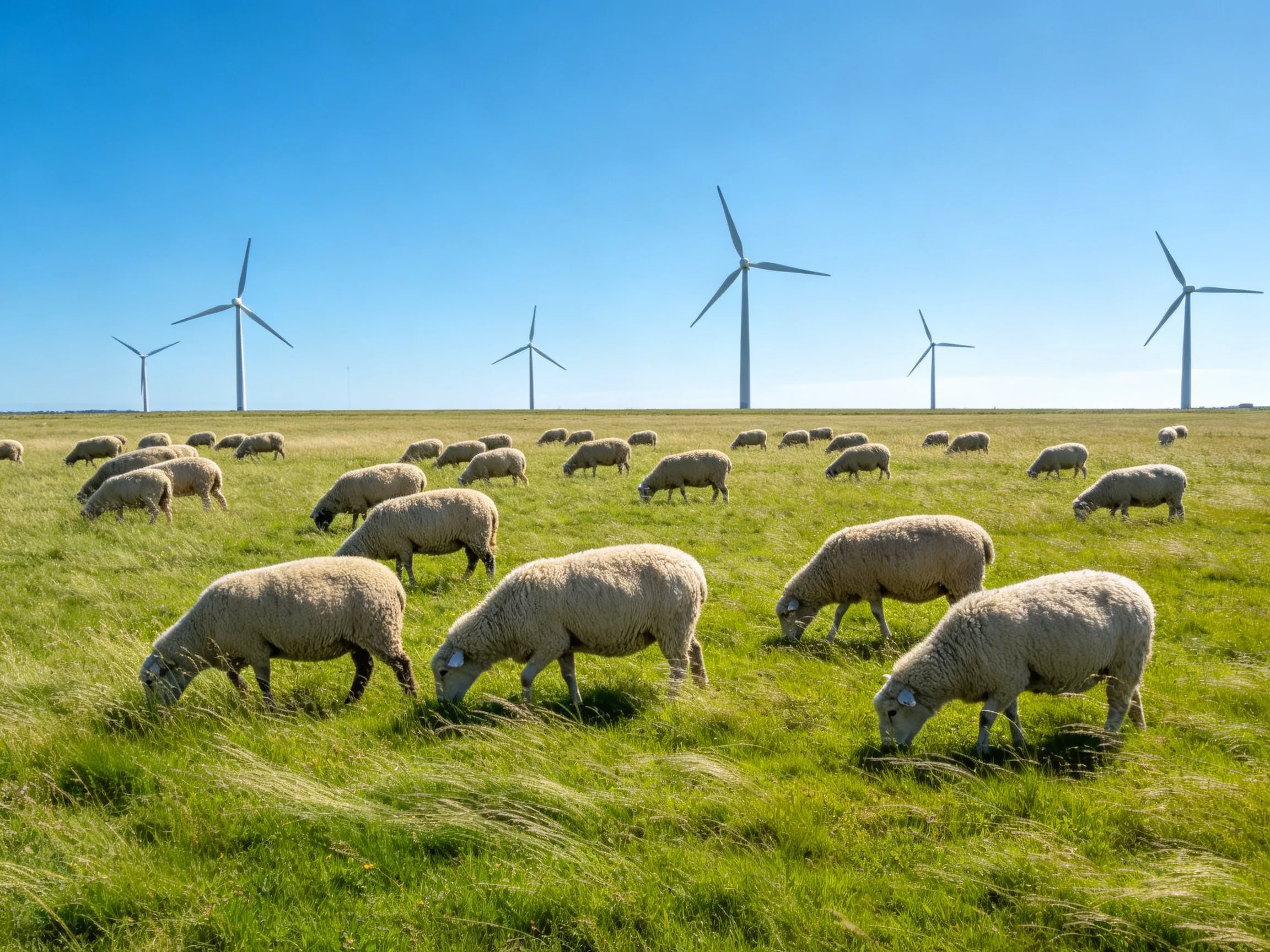 Sheep grazing in a lush green field with multiple wind turbines