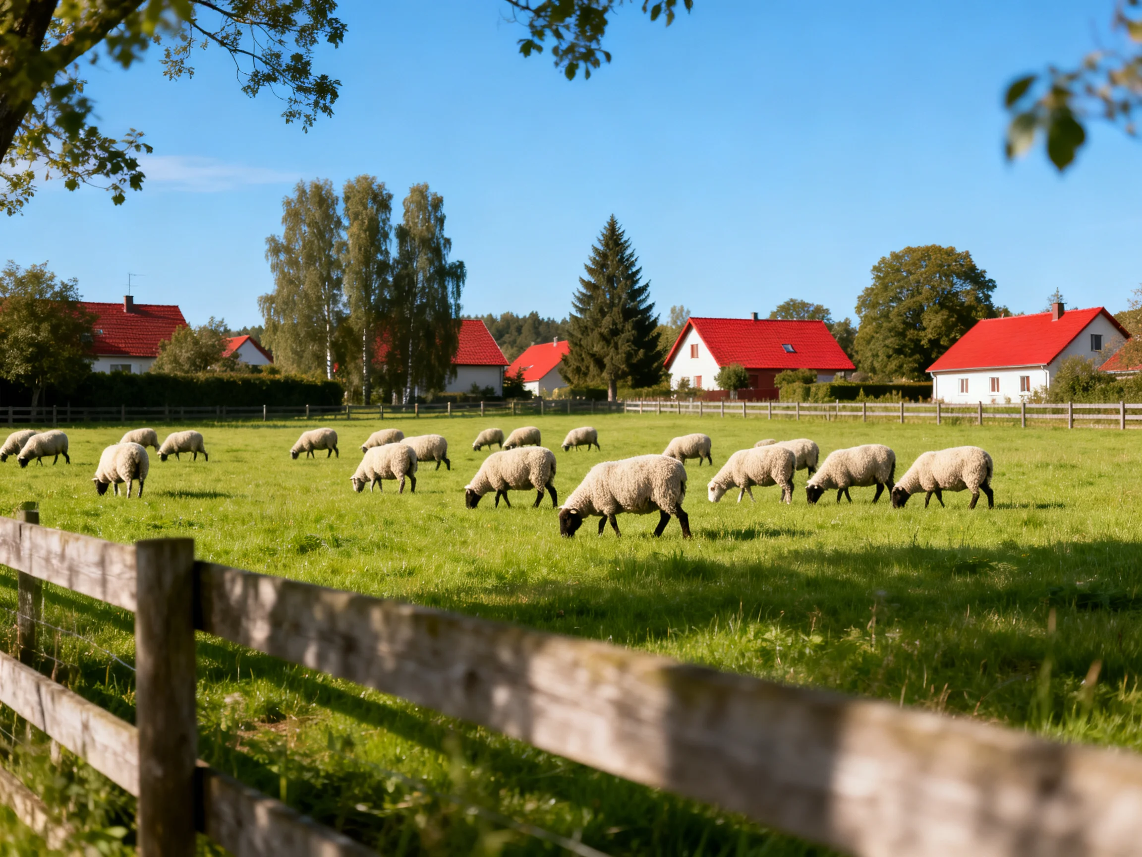 Sheep grazing in a lush green field with red-roofed cottages