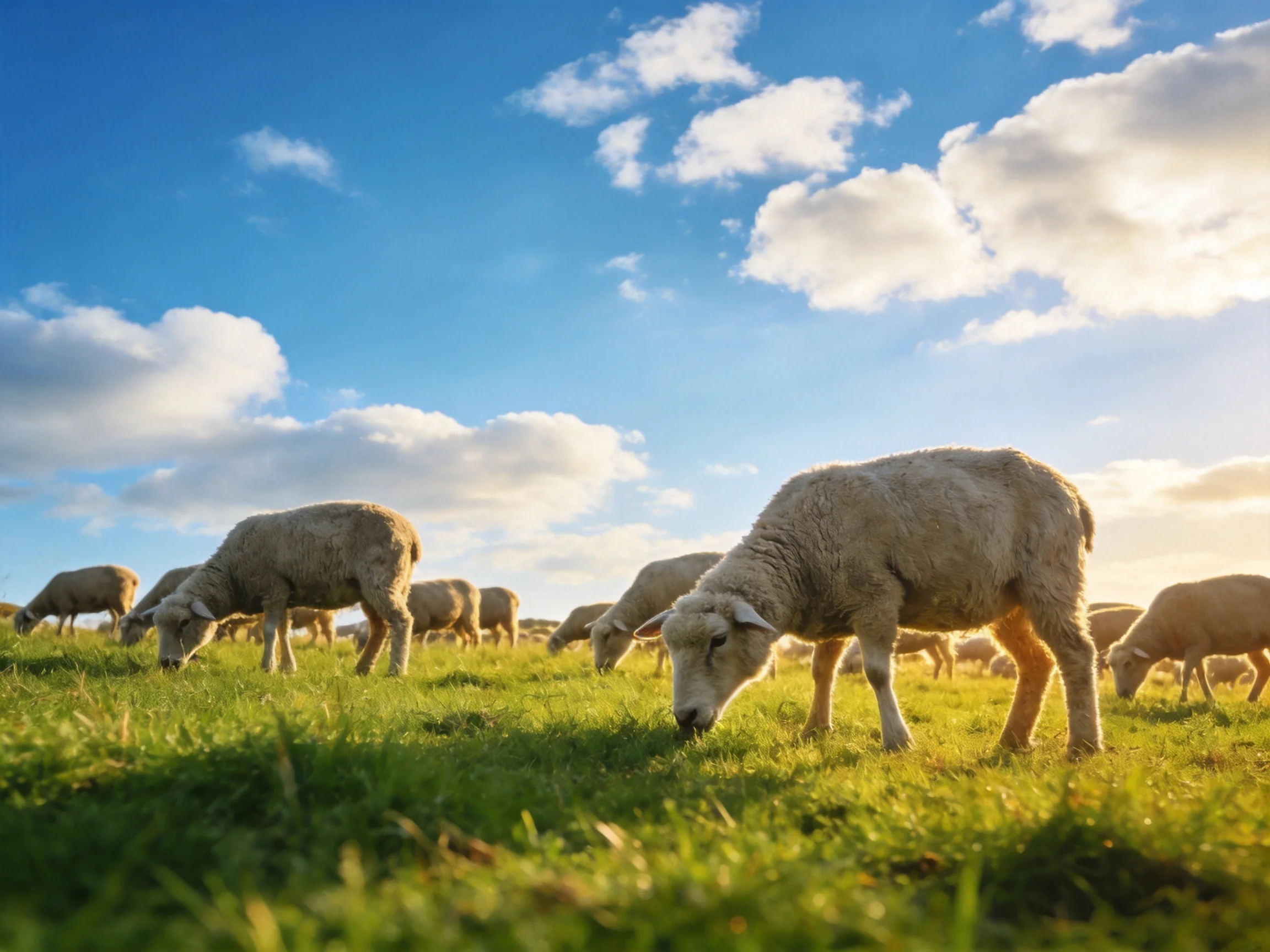 Sheep grazing in a lush green meadow beneath bright blue skies