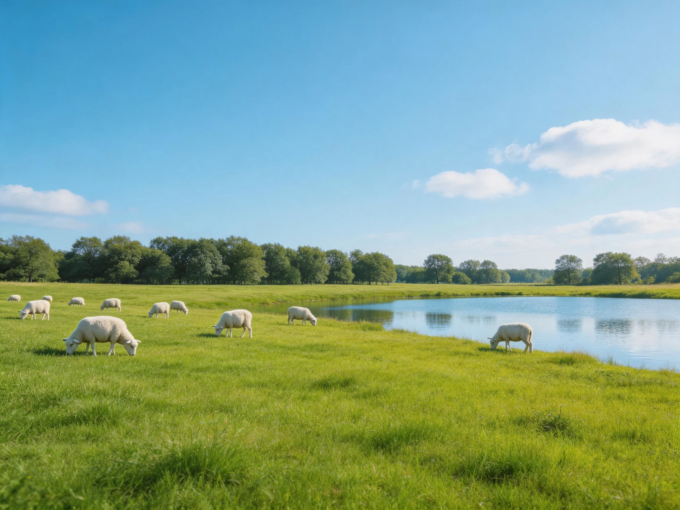 Sheep grazing in a lush green meadow near a calm blue pond