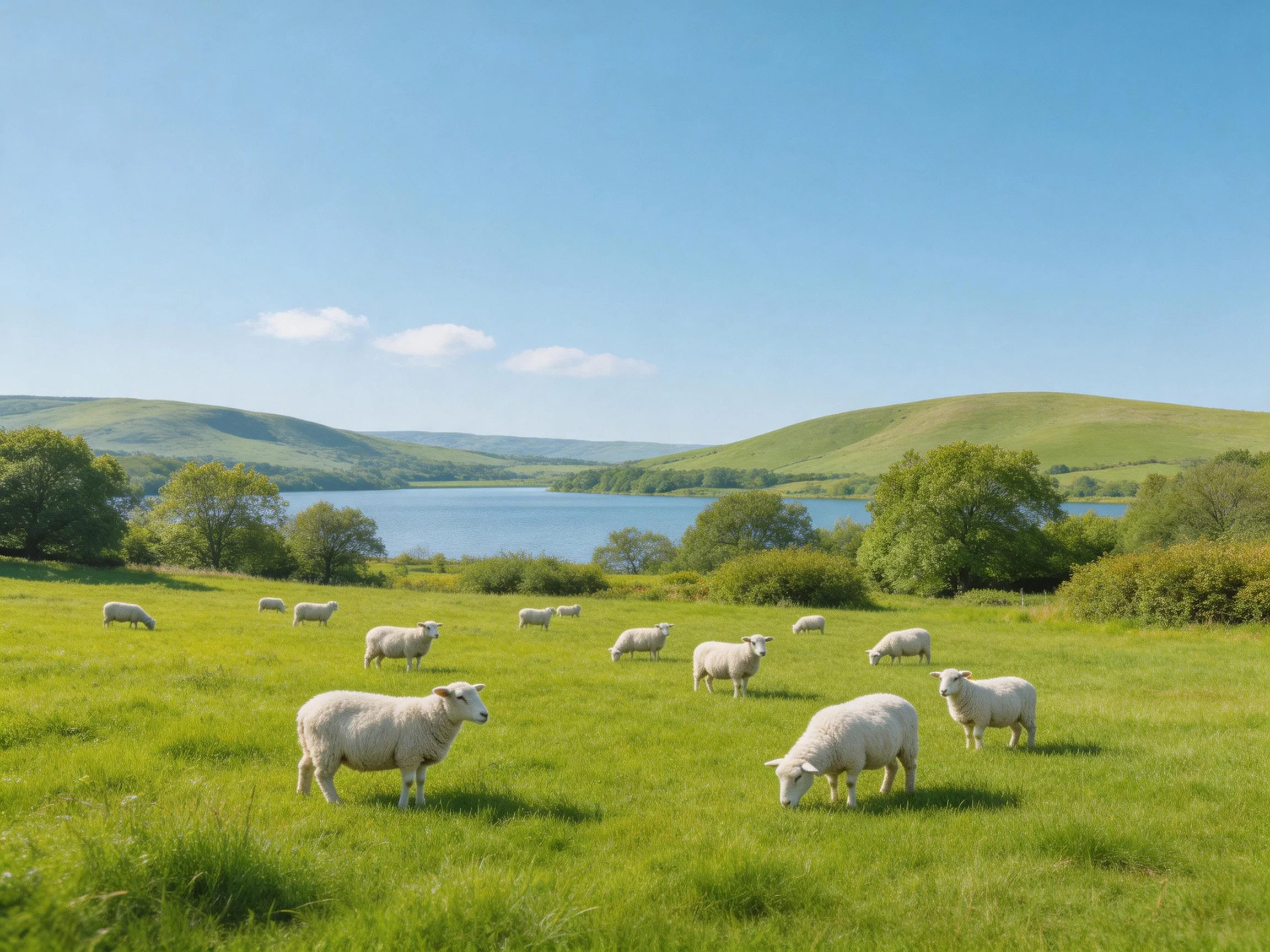 Sheep grazing in a lush green meadow near a calm lake