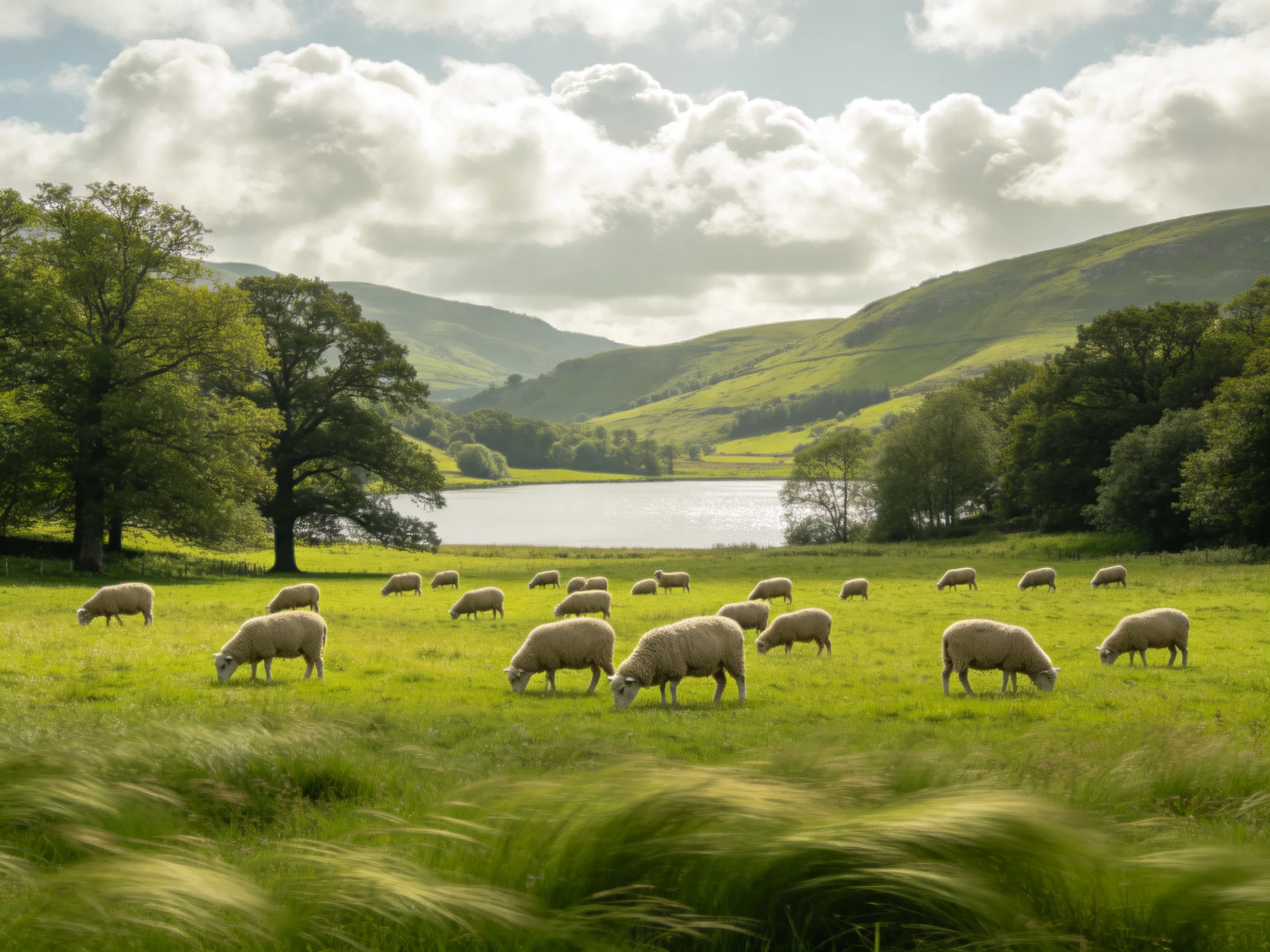 Sheep grazing in a lush green meadow near a tranquil lake