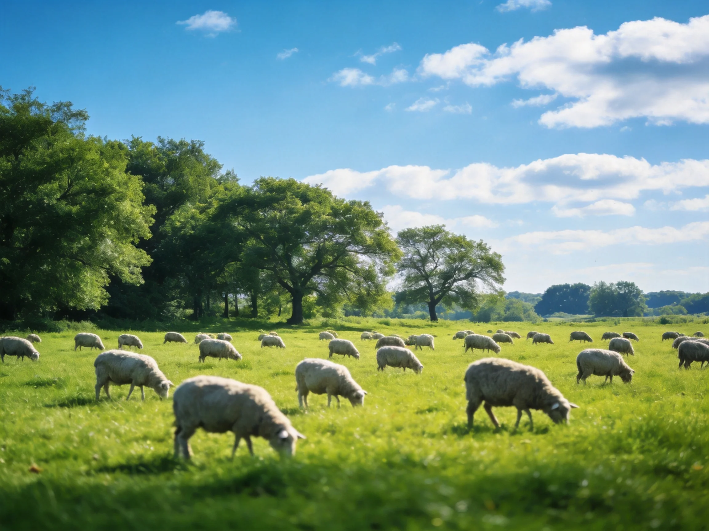 Sheep grazing in a lush green meadow near mature trees