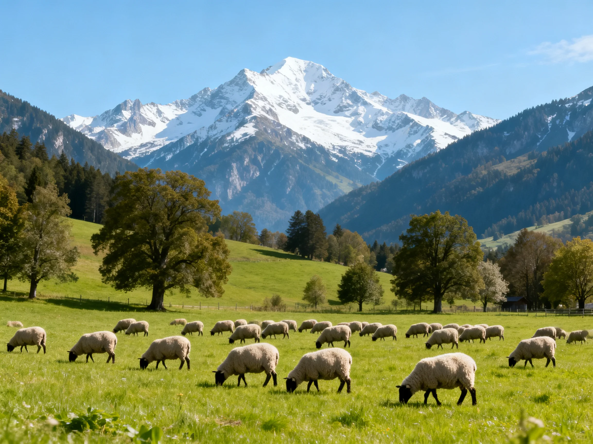 Sheep grazing in a lush green meadow near snow - capped mountains