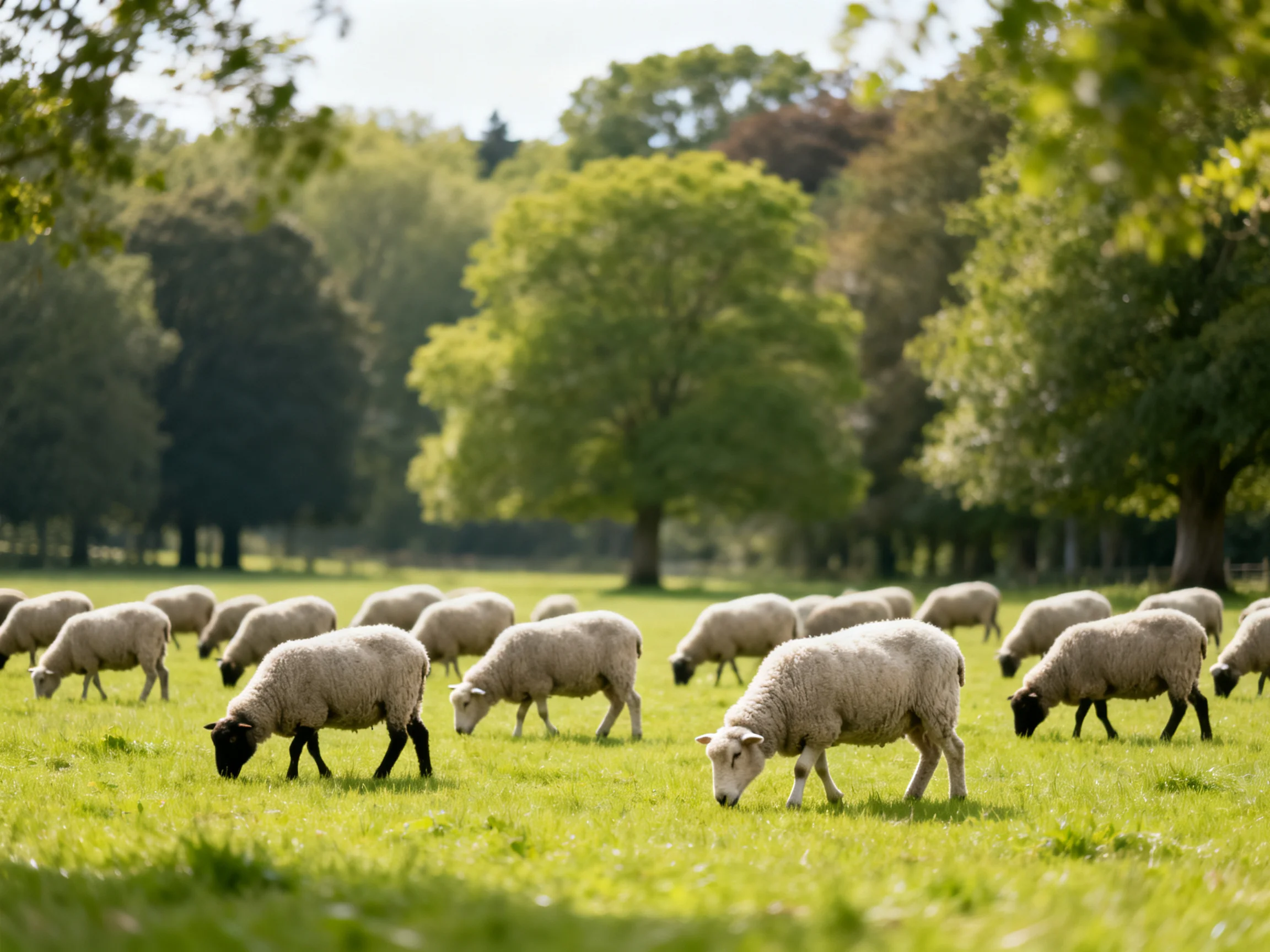 Sheep grazing in a lush green meadow surrounded by tall trees