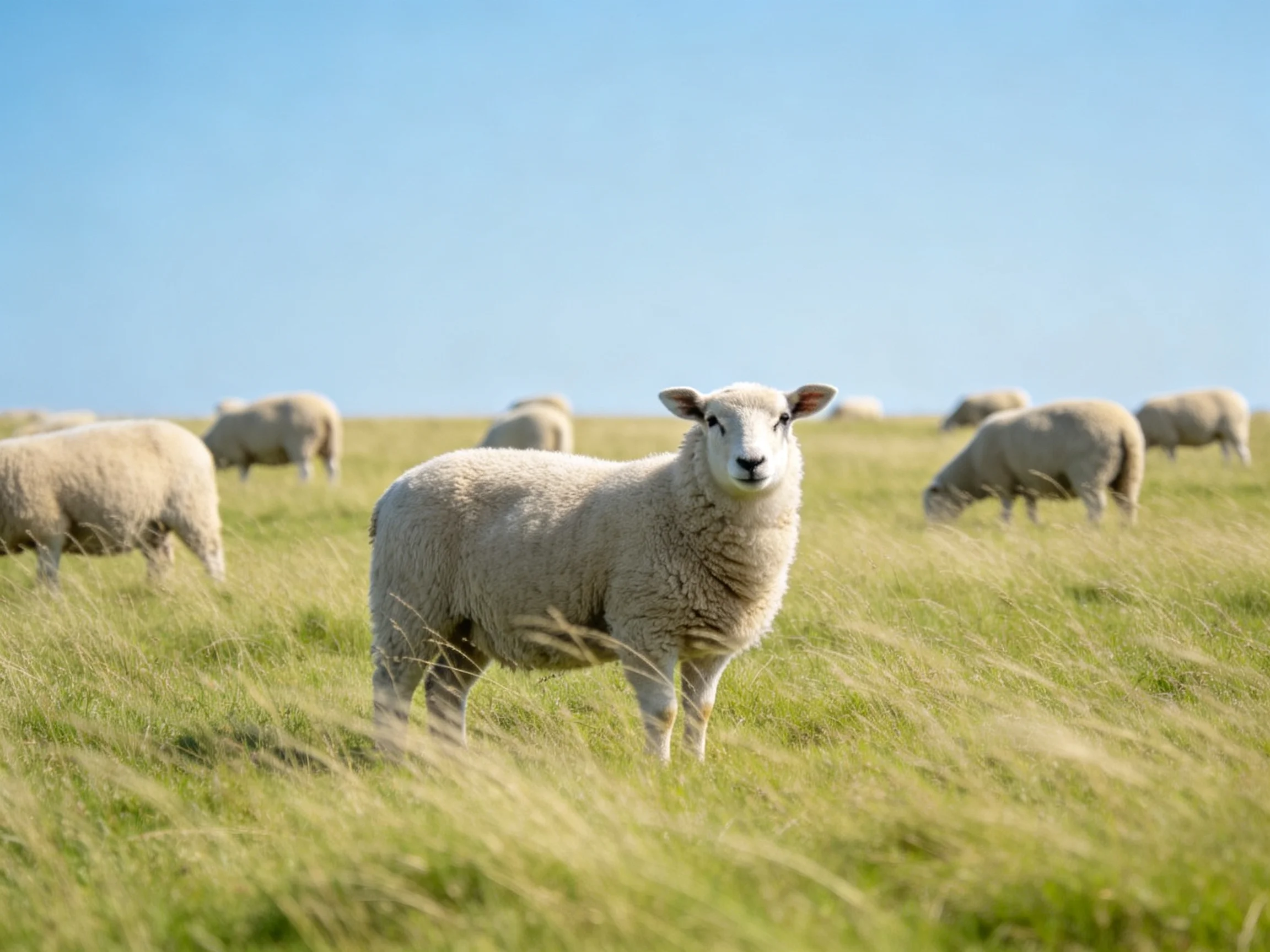 Sheep grazing in a lush green meadow under clear blue sky