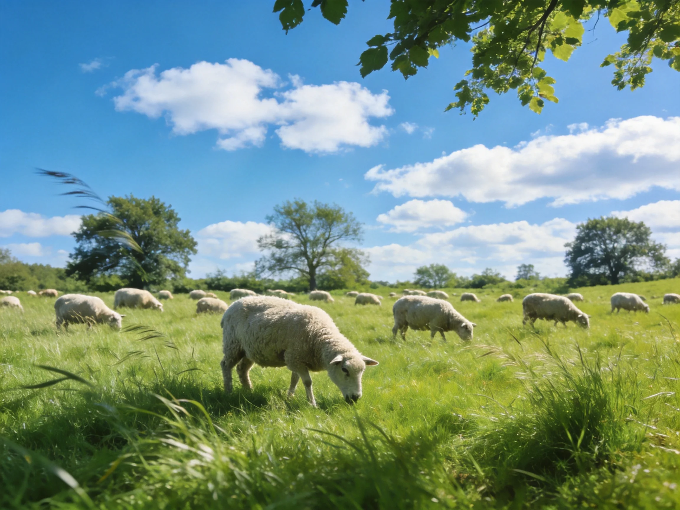 Sheep grazing in a lush green meadow with bright blue sky