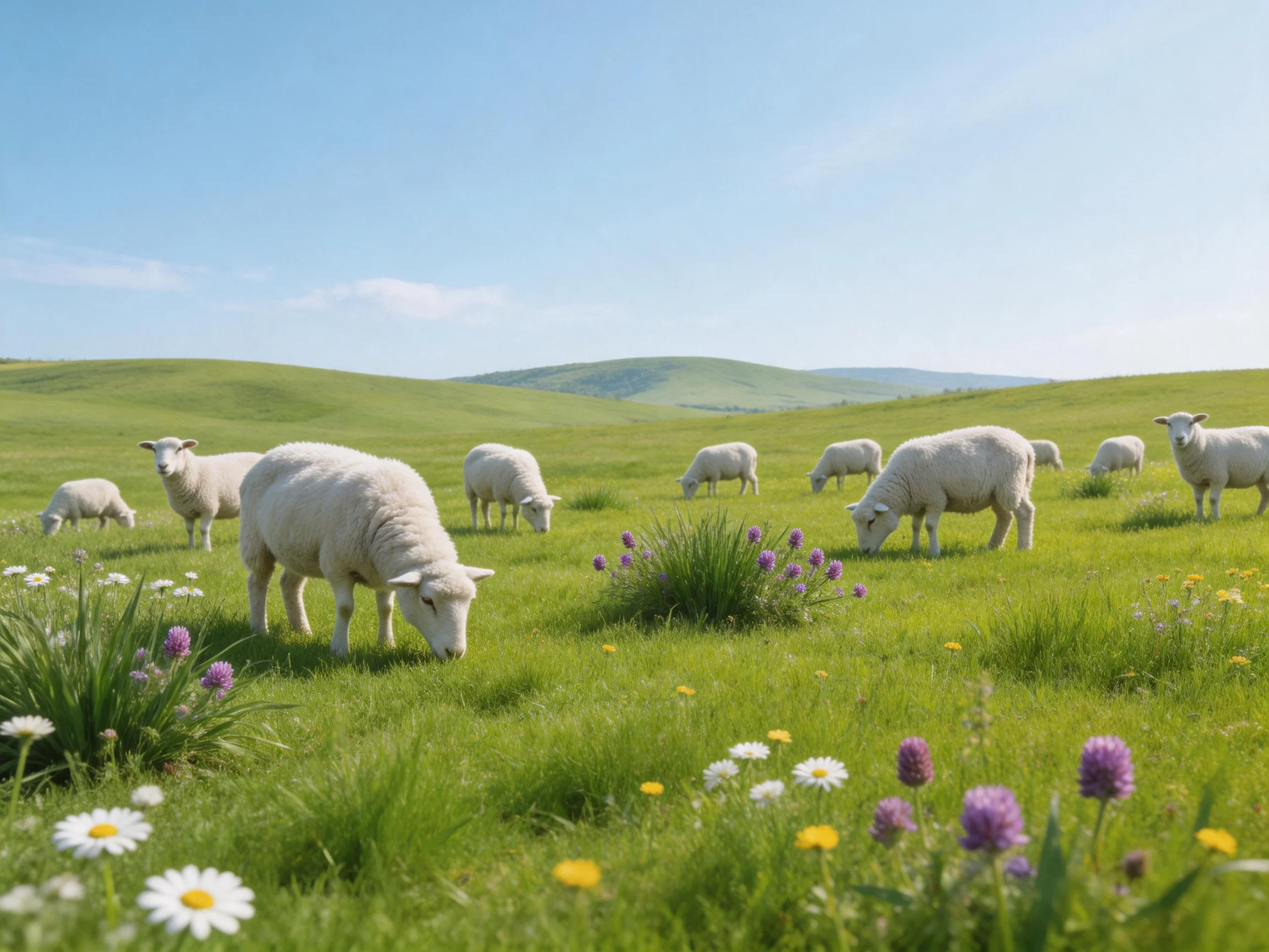 Sheep grazing in a lush green meadow with colorful wildflowers