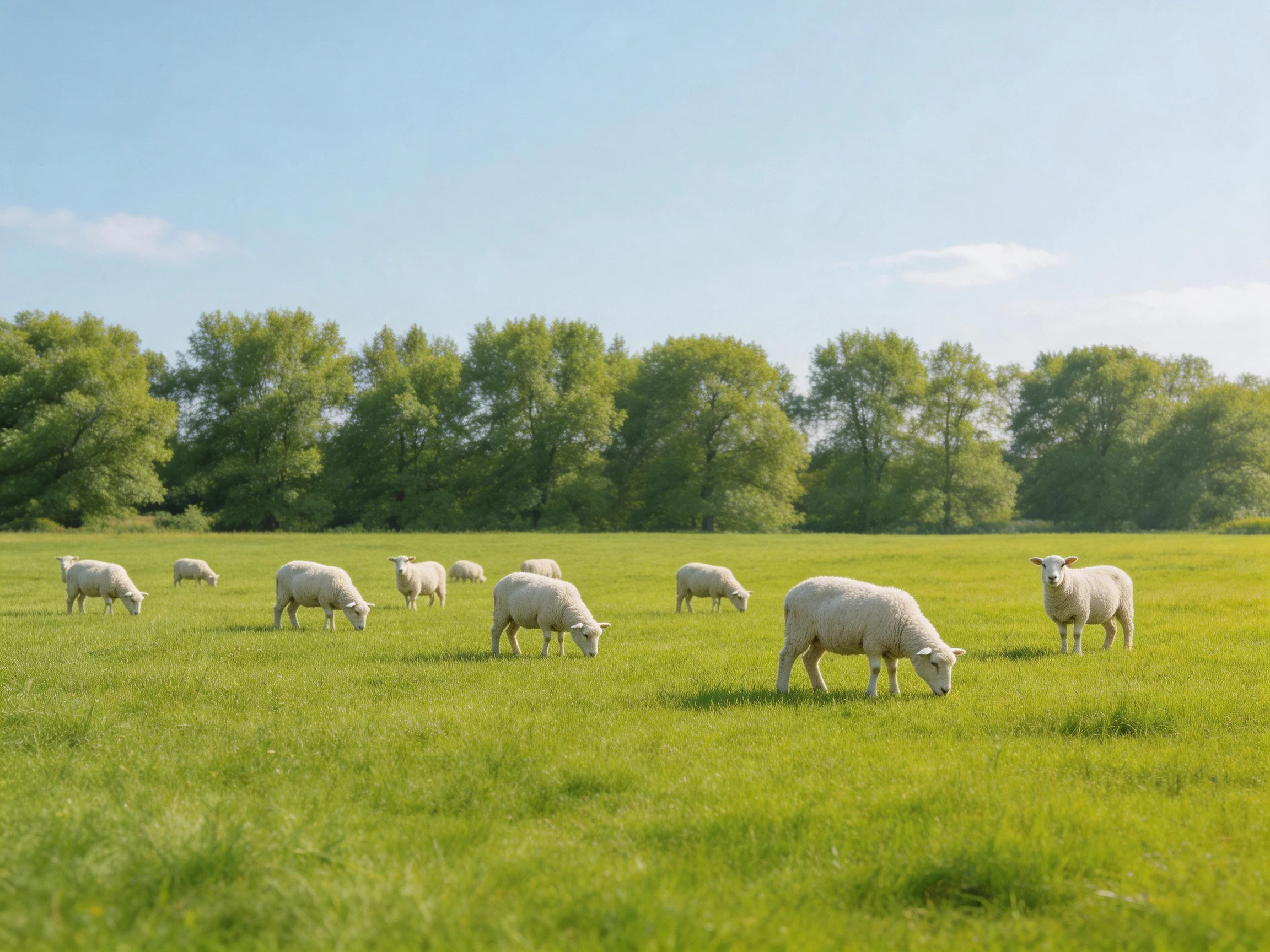 Sheep grazing in a lush green meadow with distant trees