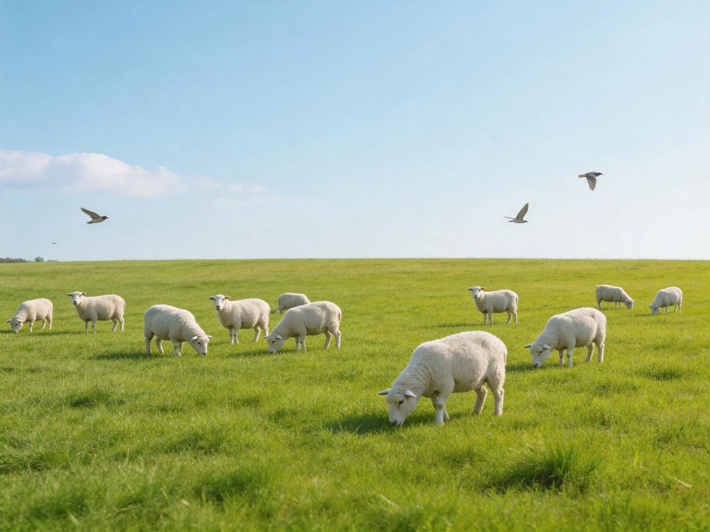 Sheep grazing in a lush green meadow with flying birds