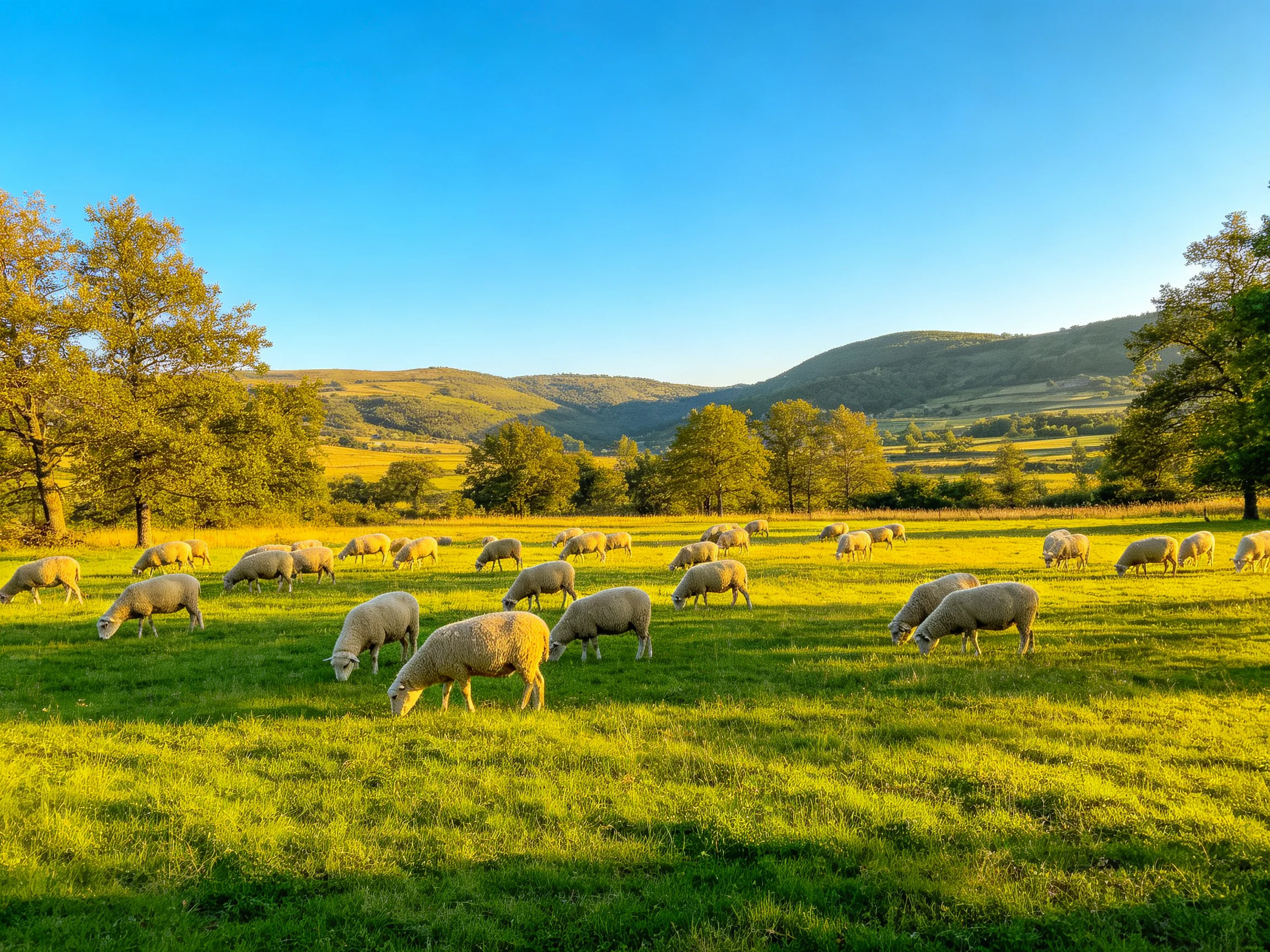 Sheep grazing in a lush green meadow with rolling hills