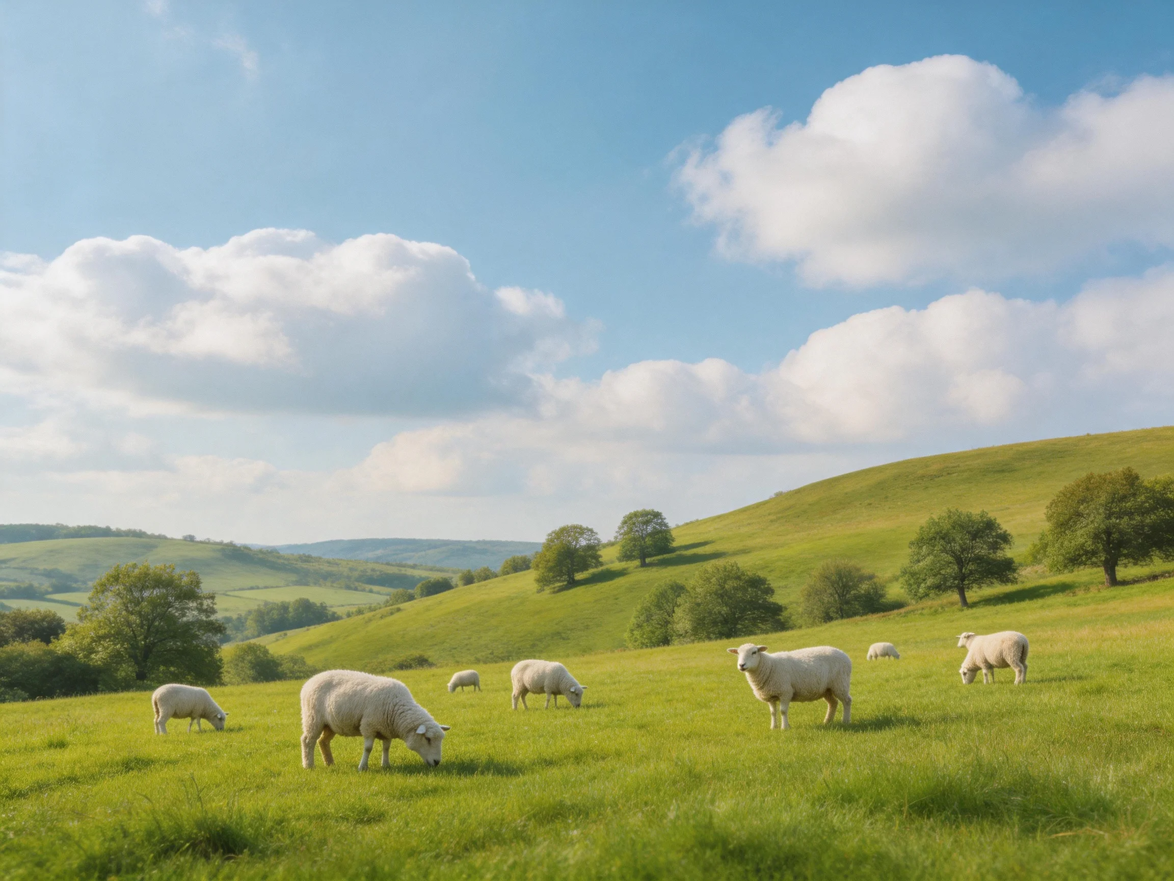 Sheep grazing in a lush green meadow with rolling hills