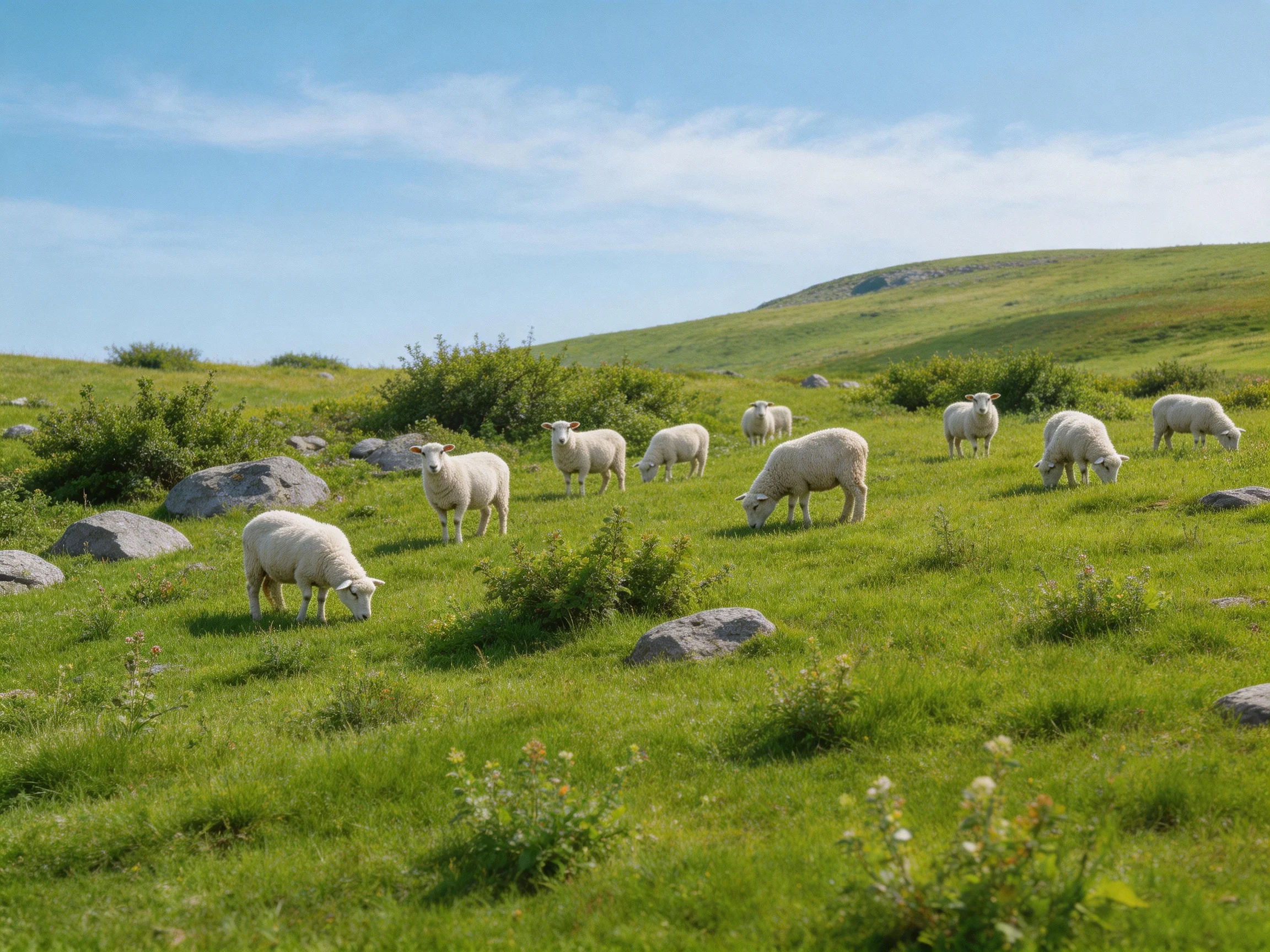 Sheep grazing in a lush green meadow with scattered rocks and rolling hills